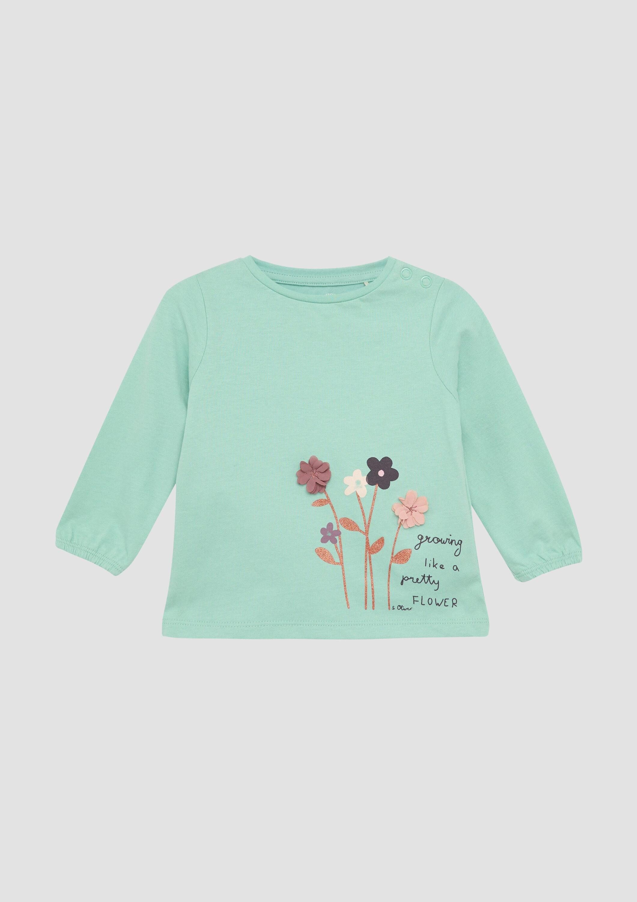 s.Oliver Langarmshirt T-Shirt Baumwollshirt mit Blumen-Applikation und Glitzer-Details