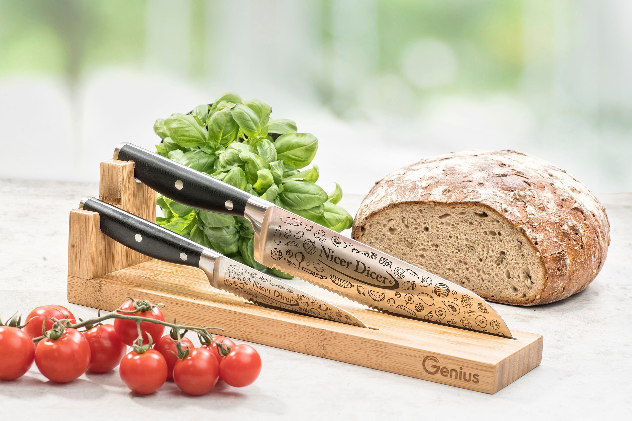 Genius Messerblock Nicer Dicer Knife Pro, perfekter Aufbewahrungsort für Messer, Bambus
