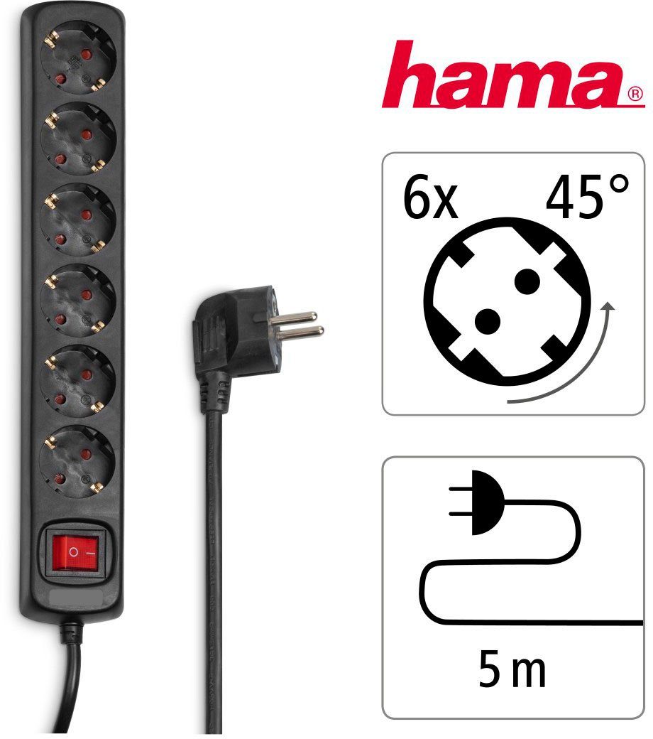 Schalter, Hama 6-fach (Kabellänge mit 5 m weiß, 6-fach, m) 5 Mehrfachsteckdosenleiste, Steckdosenleiste