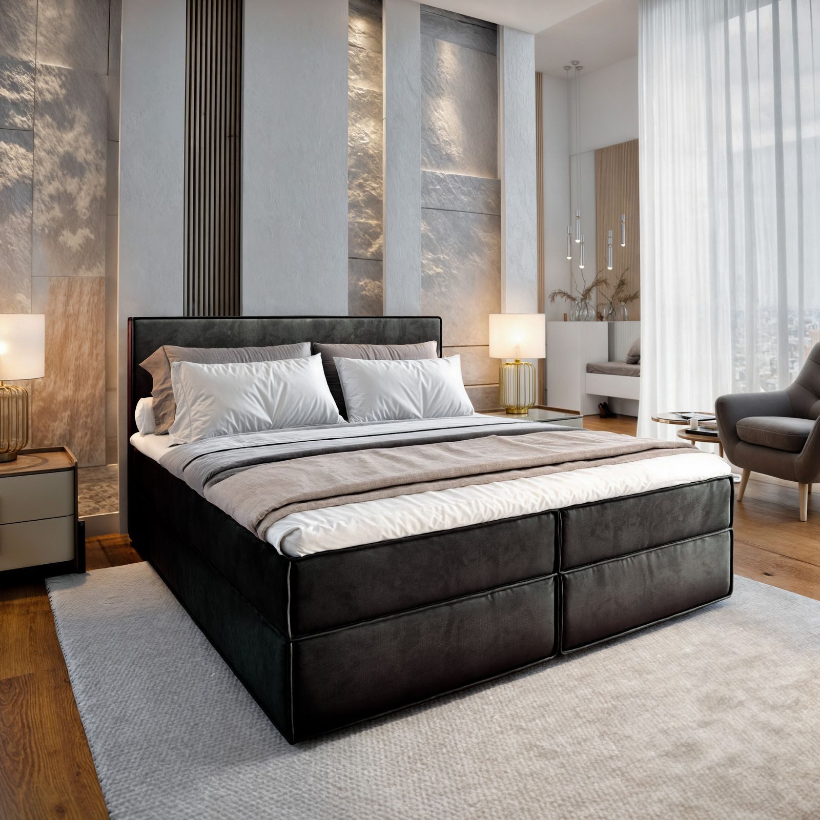 Masseno Boxbett PELLIO 160x200 cm mit Bonell Matratze und Topper, Doppelbett, Polsterbett mit Kopfteil, Boxspringbett