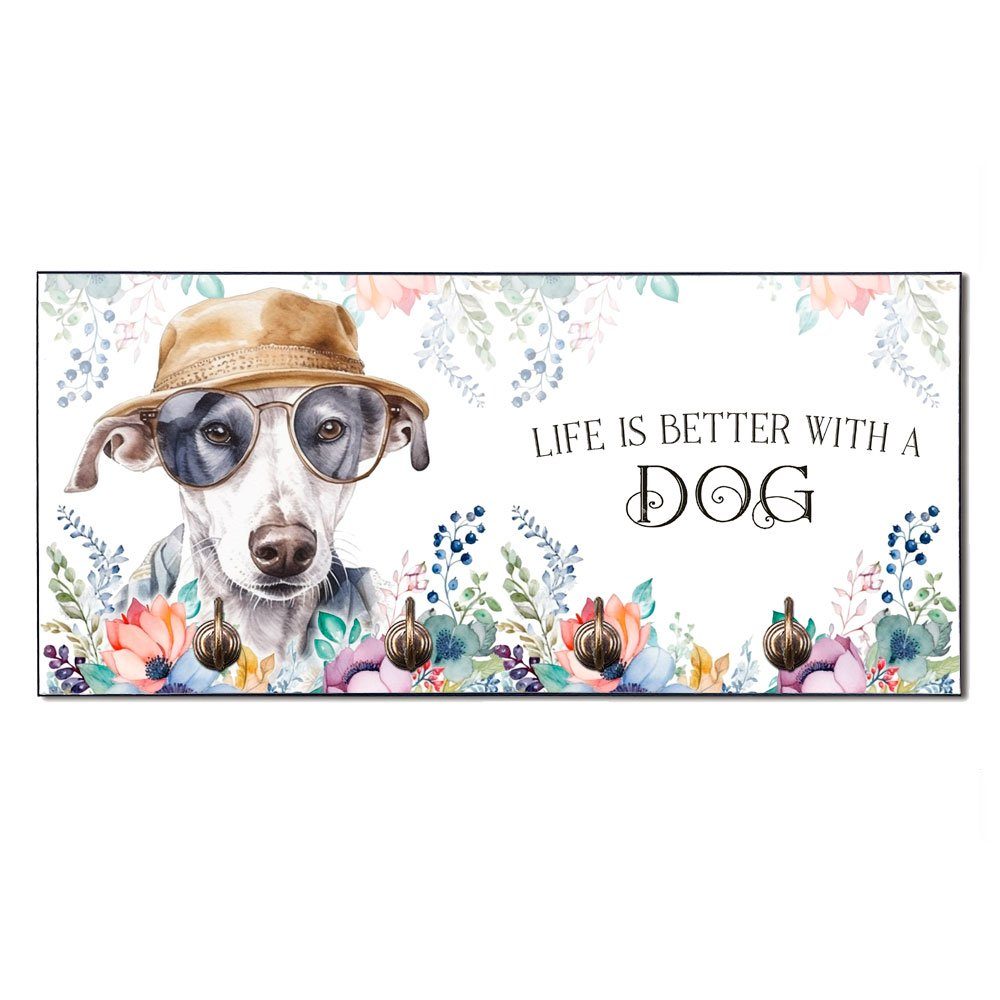 Cadouri Wandgarderobe WHIPPET Hundegarderobe - Wandboard für Hundezubehör (Garderobe mit 4 Haken), MDF, mit abgeschrägten Ecken, handgefertigt, für Hundebesitzer