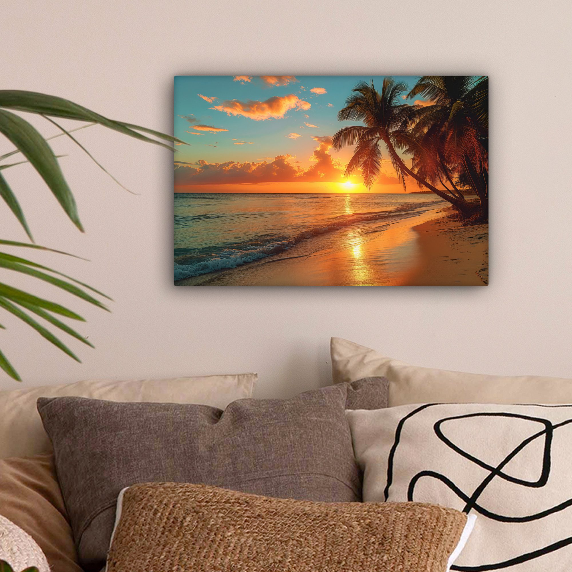 OneMillionCanvasses® Leinwandbild Sonnenuntergang - Strand - Palmen - Meer - Sonne, Fotodruck (1 St), Leinwand Bilder Klein, Wand Dekoration Aesthetic 30x20 cm