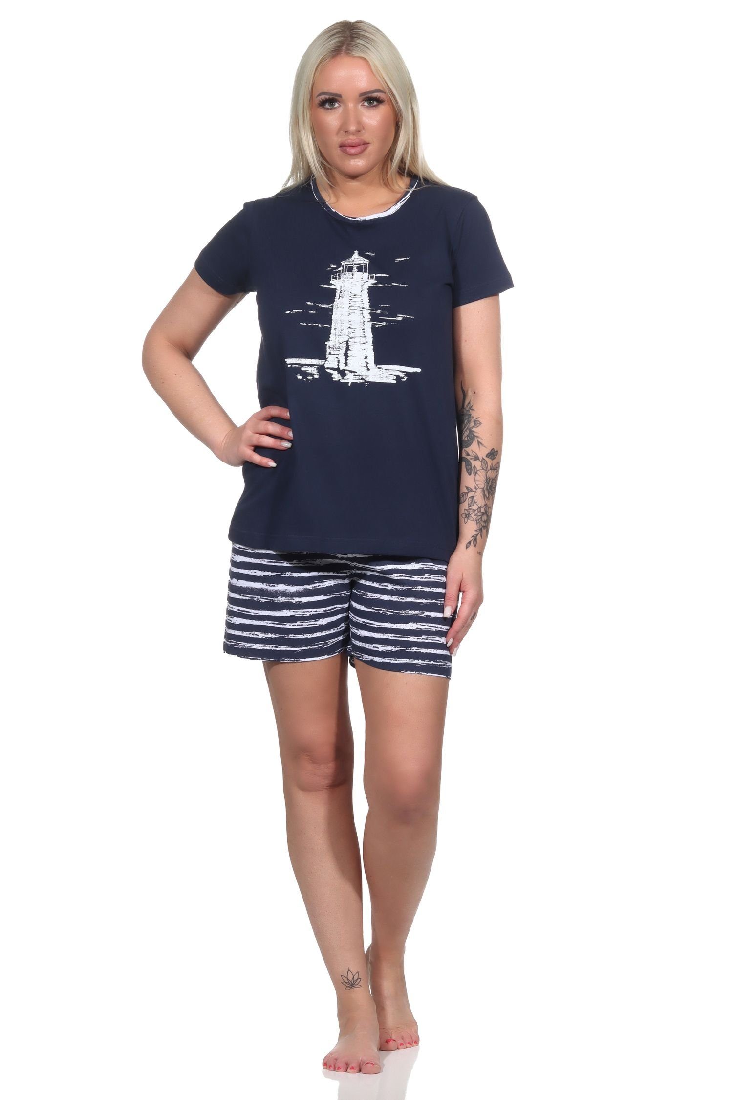 Normann Pyjama Damen kurzarm Shorty Pyjama mit Leuchtturm-Motiv maritim navy
