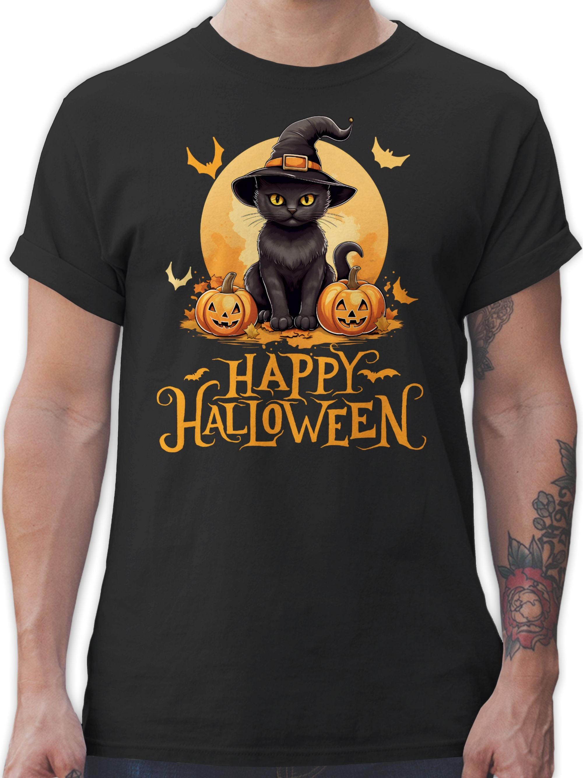 Shirtracer T-Shirt Happy Halloween Katze Hexenhut Lustig Katzenliebhaber Cat Halloween Kostüme Herren 01 Schwarz