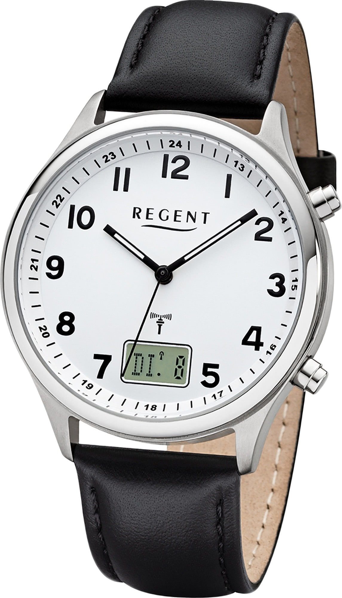 Regent Funkuhr Regent Leder Herrenuhr Gehäuse, Lederarmband Herren (ca. BA-446, groß schwarz, rundes 40mm) Uhr