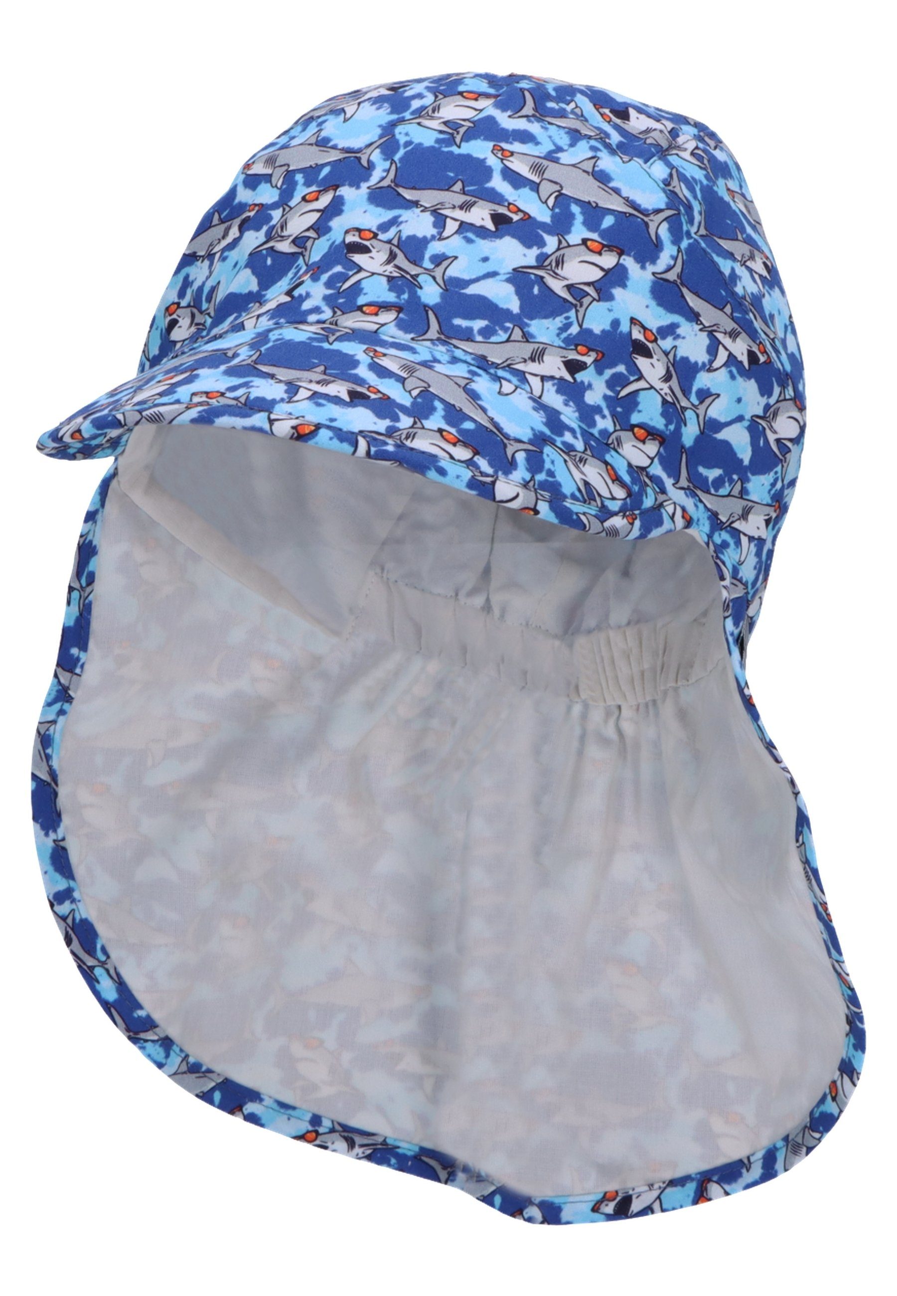Sterntaler® Schirmmütze Schirmmütze Nackenschutz Haie (1-St., Sommermütze mit Größenregulierungsband idealer Sonnenschutz für Kinder) Babyhut mit Nackenschutz bedruckt mit süßen Motiven