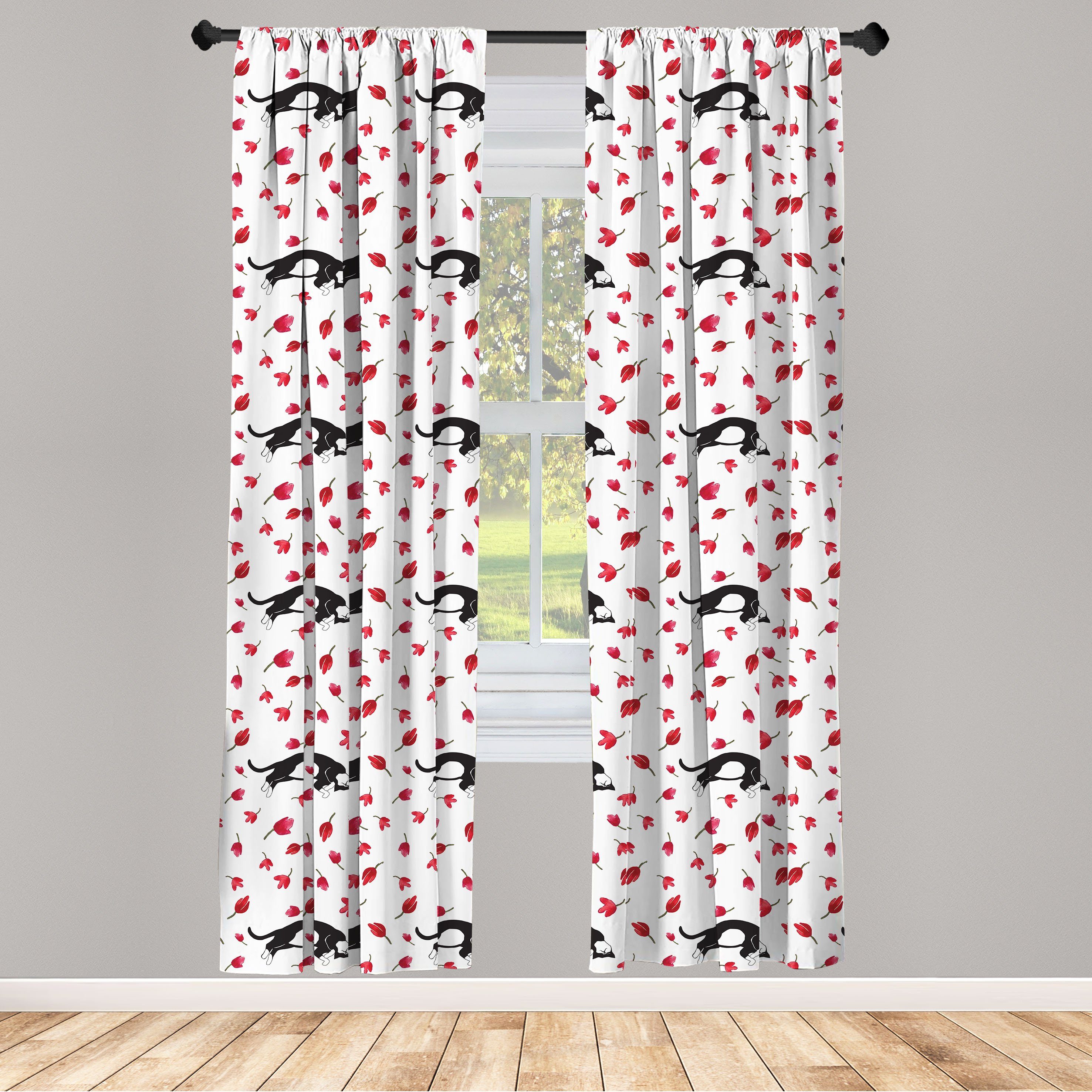 Gardine Vorhang für Wohnzimmer Schlafzimmer Dekor, Abakuhaus, Microfaser, Kätzchen Cat Sleeping Tulpen