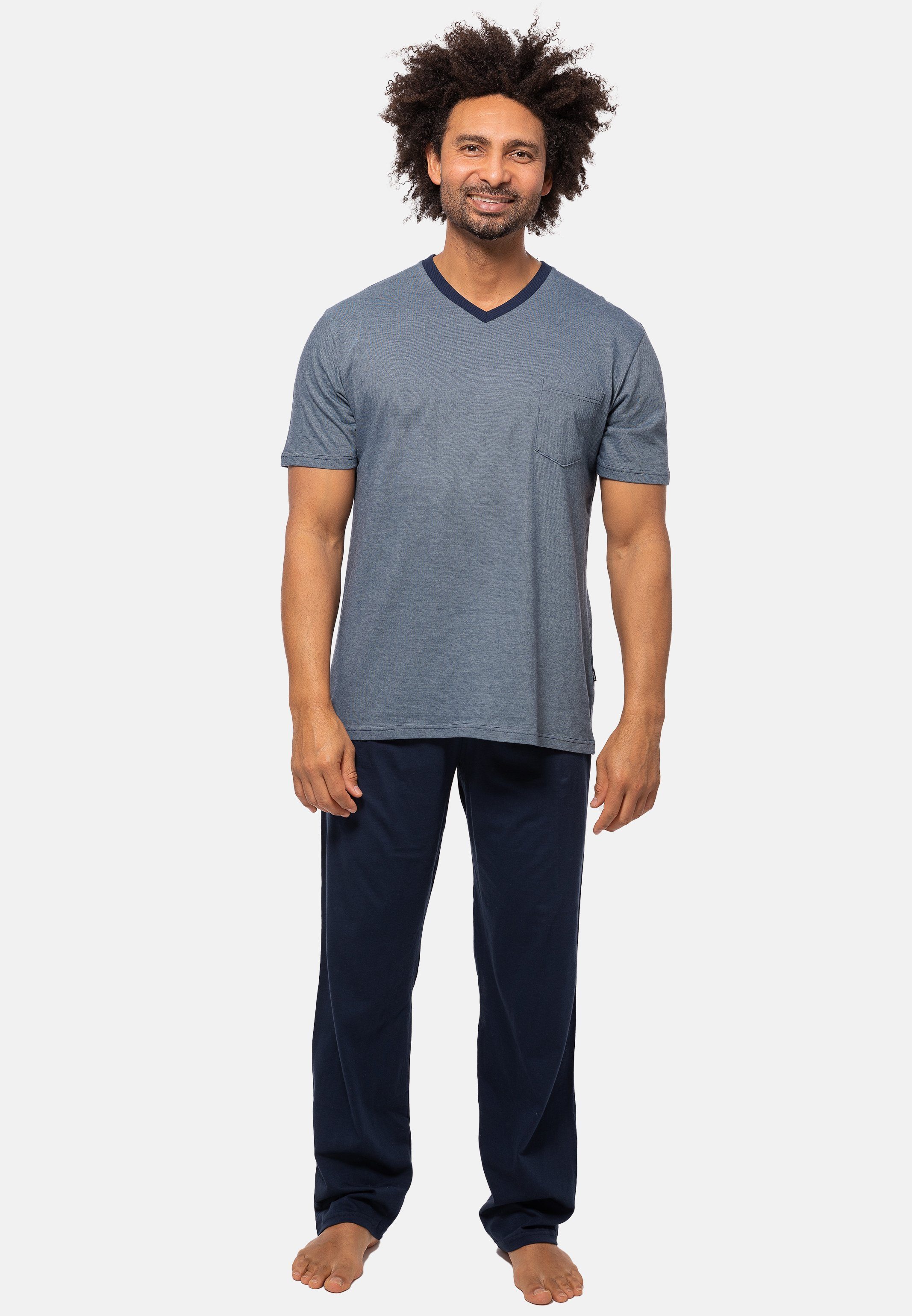 Ammann Pyjama Organic Cotton (Set, 2 tlg) Schlafanzug - Baumwolle - Set aus Kurzarm Shirt und langer Hose Blau geringelt
