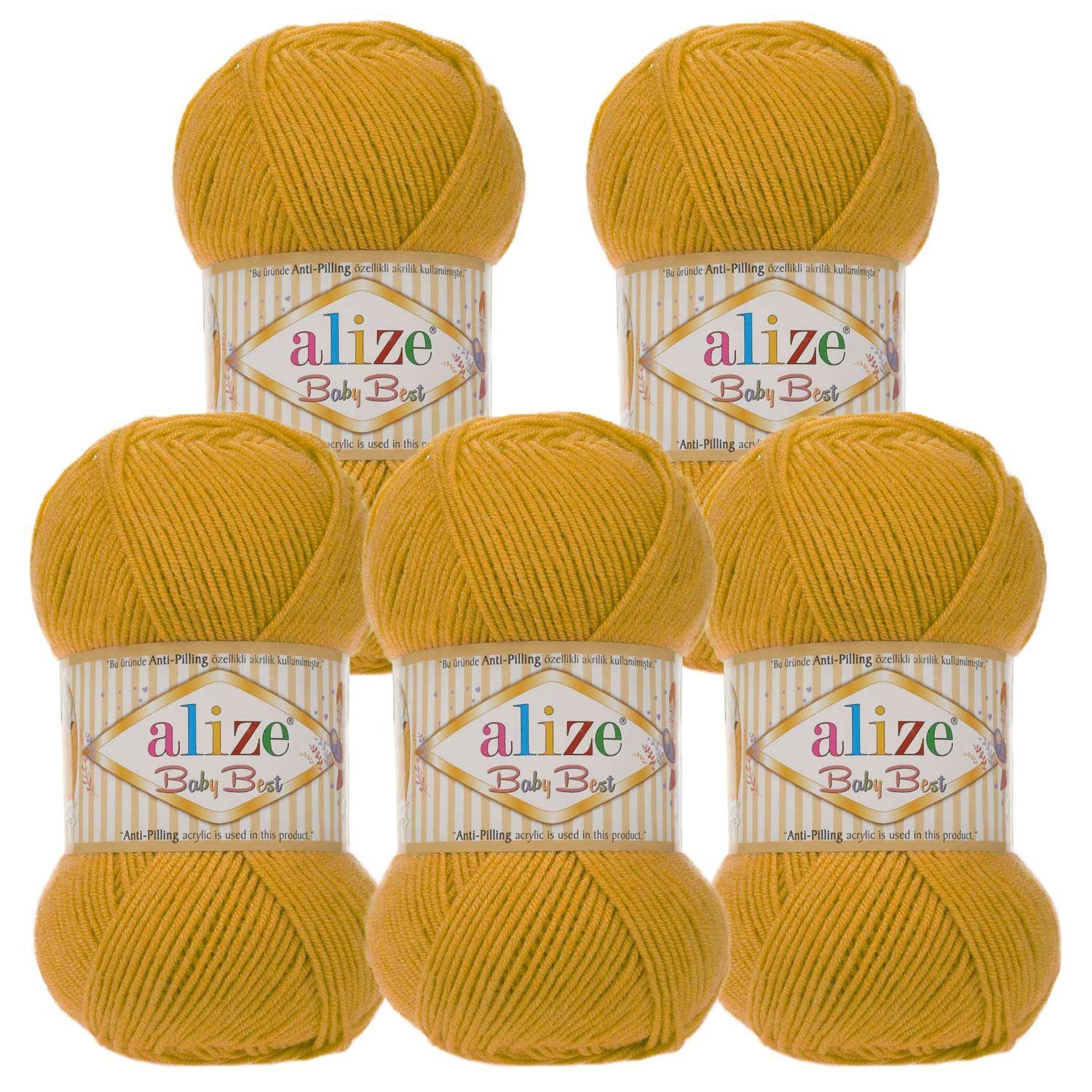 Alize 5 x 100g Strickgarn ALIZE Baby Best uni Babywolle Wolle Antipilling Häkelwolle, 240 m (Sparpaket), 281 safran