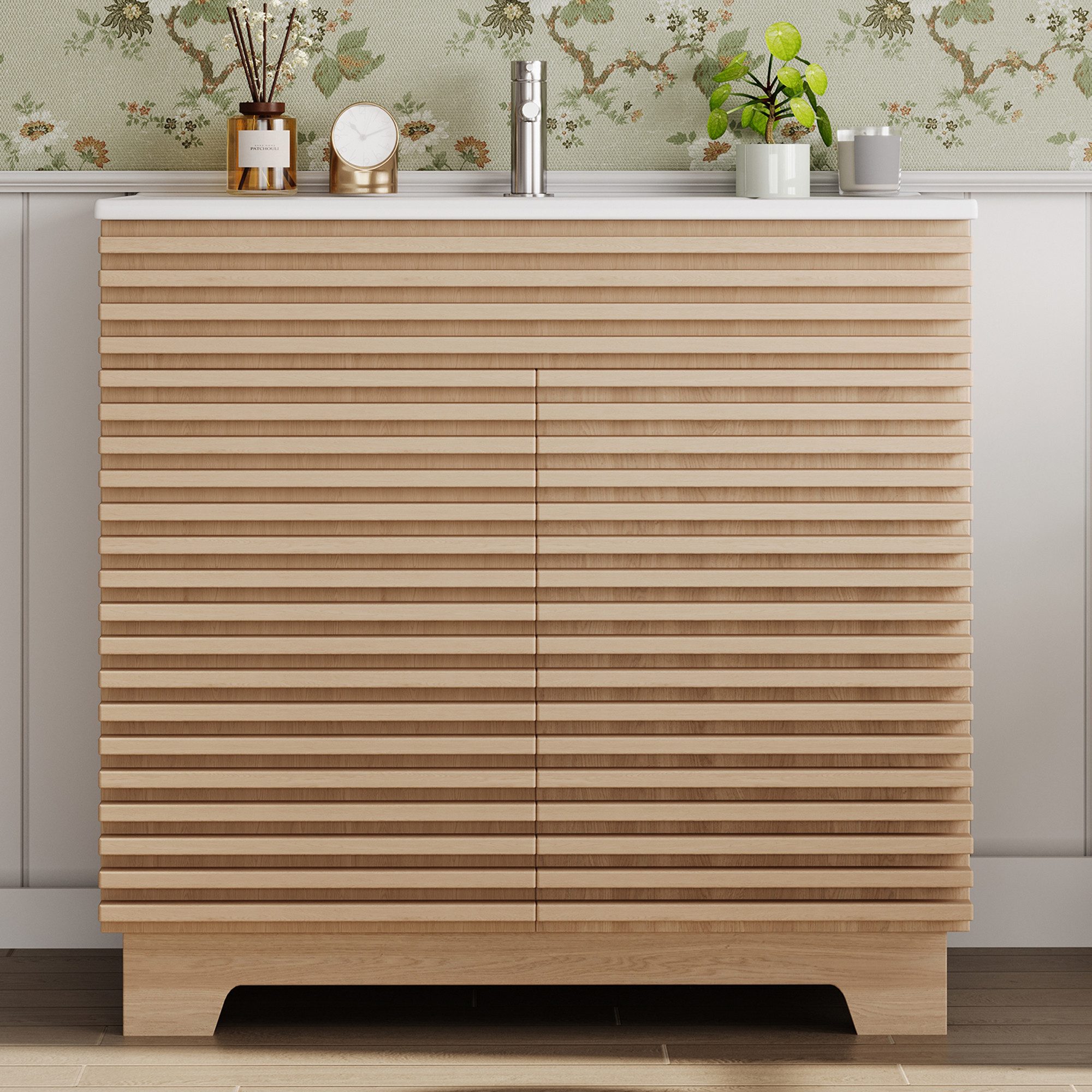 Flieks Waschtisch Waschbeckenunterschrank mit eingebauten Regalen & 3D-Horizontalstreben (91x46x80 cm, 1-St., bodenstehend, Badzimmer Doppeltürschrank mit Soft-Close-Scharnieren), Badmöbel Badezimmerschrank mit Türablagen Waschbecken Natur
