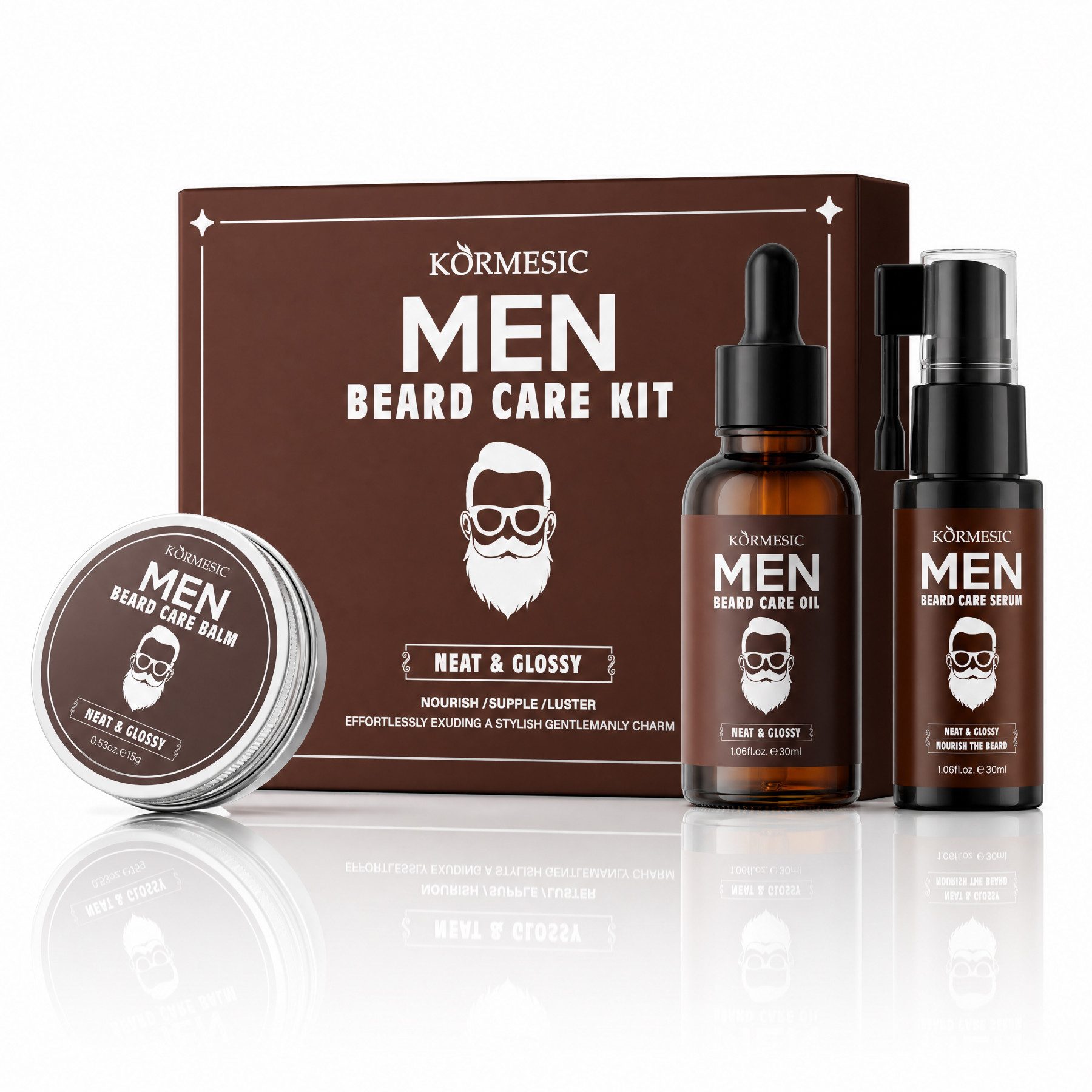 KORMESIC Bartpflege-Set mit Bartöl Pflegebalsam Serum Wachs Geschenkset für Männer, 3-tlg., Oil, Serum, Balm, Bartpflege, Bartset, Duft
