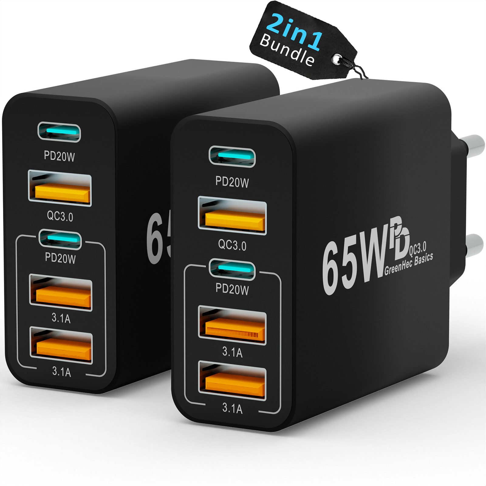 GreenHec Schnellladegerät USB C Ladegerät 65w Fast Charger Adapter 2x Schnelllade-Gerät (50 mA, Spar-Set, 65w Penta Charger 2er Pack, für …