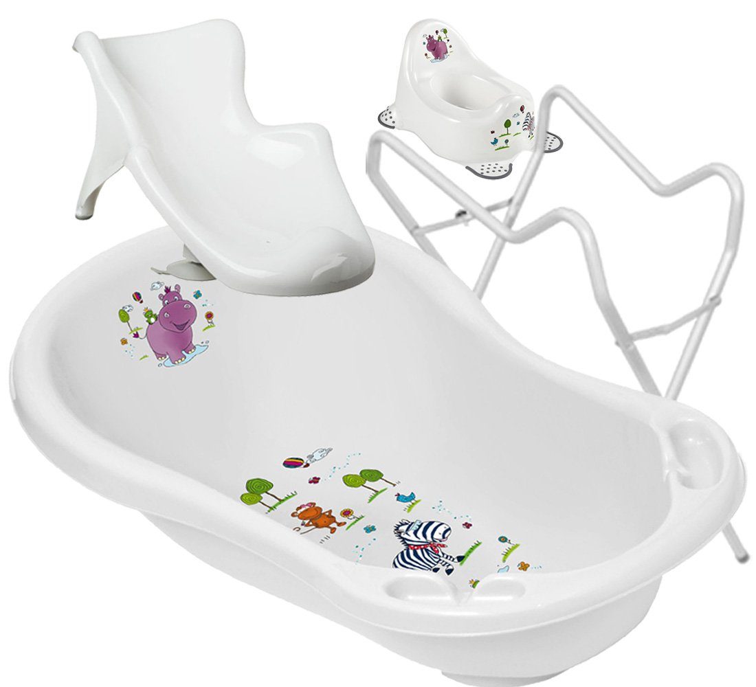 Babybadeset + Sitz - 84 (Made +Topf in Gestell Ständer** Weiss – SET Weiss **Wanne Wanne Top-Innovativ Europe + cm, Teile + 3 Babybadewanne HIPPO Premium-Set),