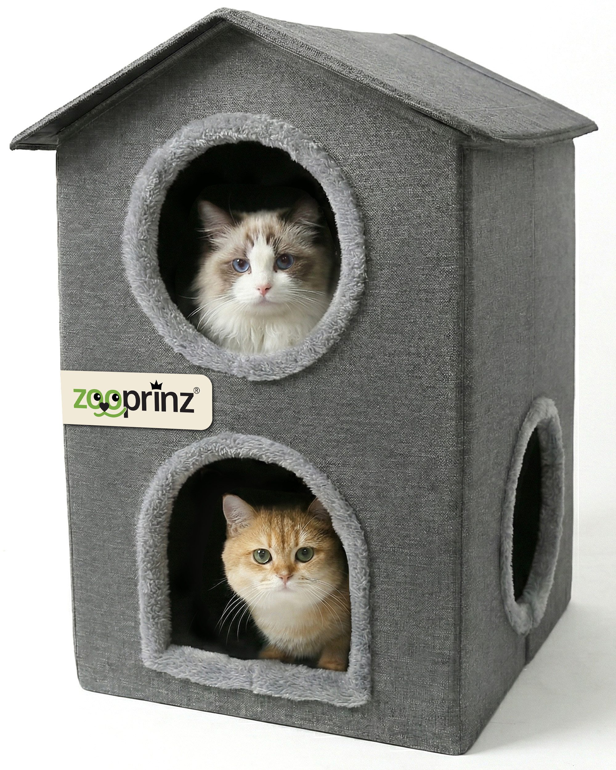 Zooprinz Katzenhaus Katzenhöhle Pepper, Liegefläche, Wendekissen, faltbar, zweistäckig, 46 × 41,5 × 60 cm, Anti-Rutsch-Boden, Leinenstoff, Grau