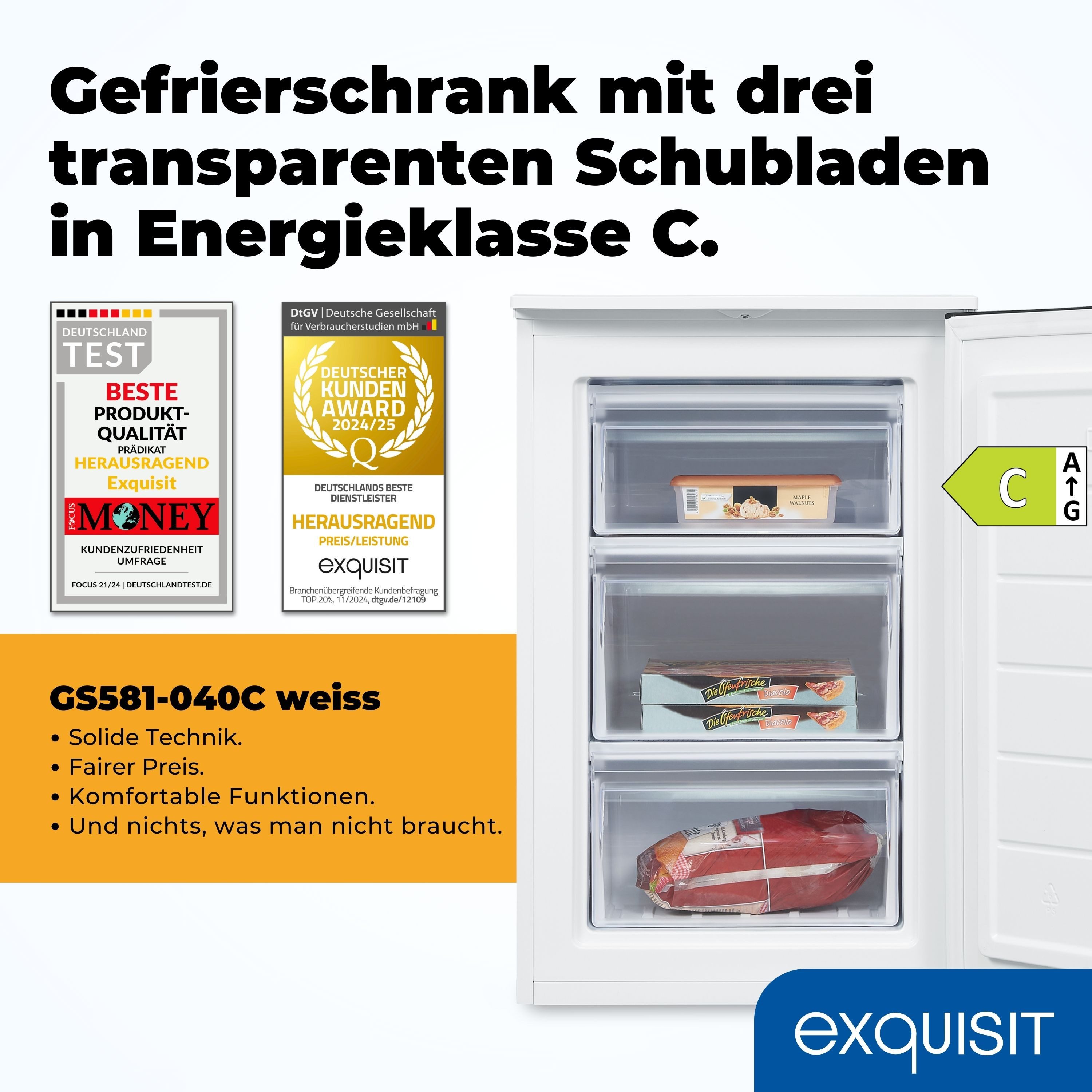 exquisit Gefrierschrank GS581-040C weiss, 85.5 cm hoch, 54.5 cm breit, 87 Liter, 3 Gefrierschubladen, 40 db, EEK: C, 4-Sterne-Gefrieren