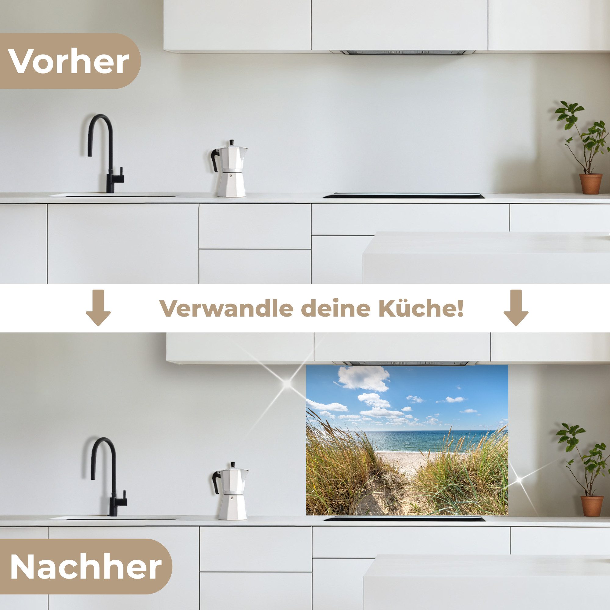 KitchenYeah Küchenrückwand selbstklebend Düne - Gras - Meer - Strand, (1-tlg), Spritzschutz, Küche, Rückwand, Küchenwand, Küchenfront, 80x60 cm
