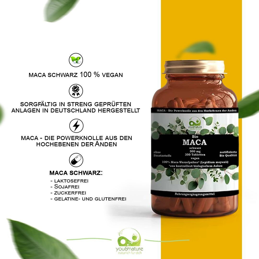 You&Nature Bio Maca schwarz 500 mg, 300 Tabletten vegan Tabletten, 300 er 300 St., 150 g, Laktosefrei, Ohne Nüsse, Sojafrei, Gelatinefrei, Glutenfrei