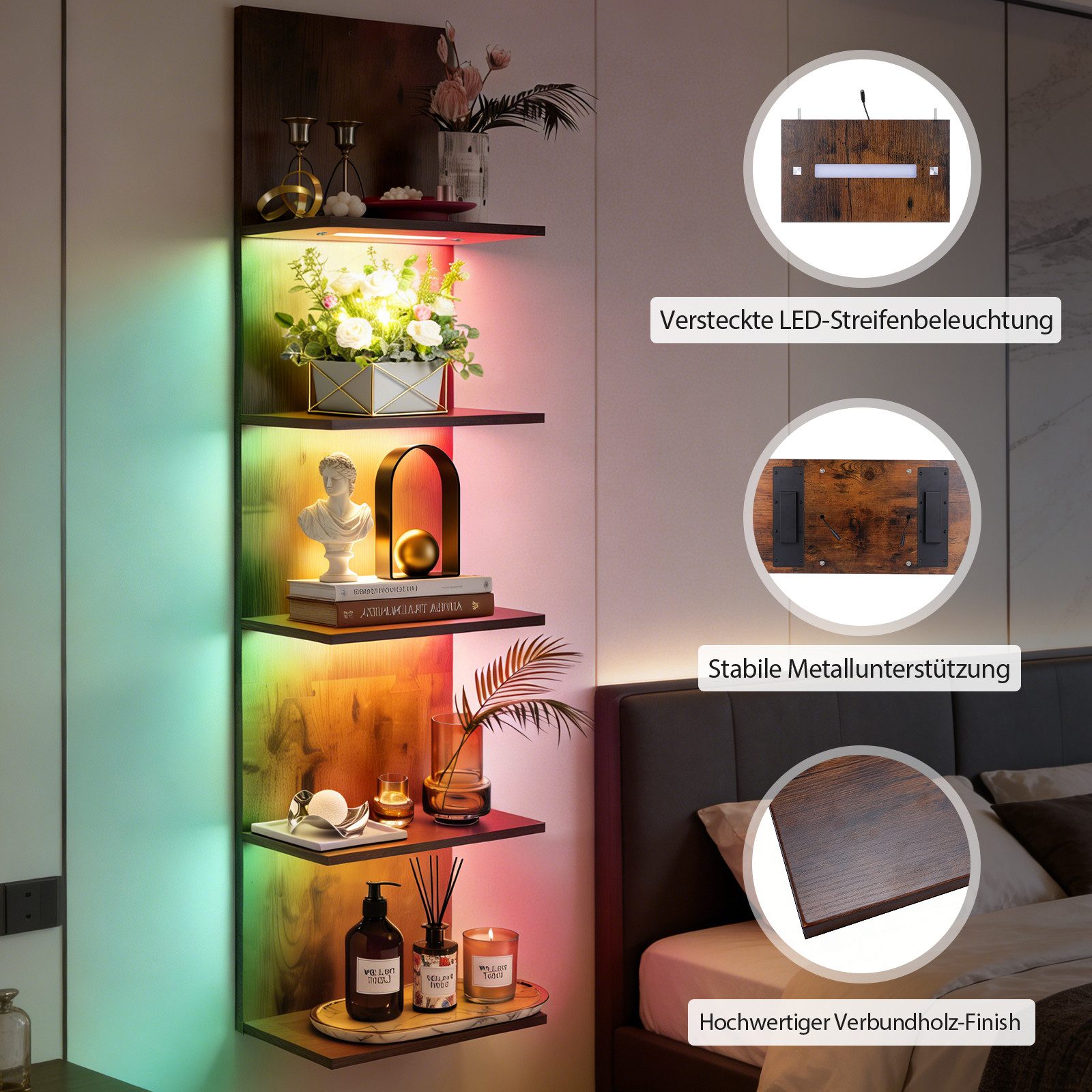 XERSEK Wandregal Bücherregal mit RGB+IC Lauflicht, Hängeregal Wandboard 30×18×117cm, App & Fernbedienung, Einzeln Ansteuerbare LEDs, Unsichtbare Montage, Wandboard Aufbewahrung & Zeigen von Kopfhörer Modelle Duft Dekoartikel