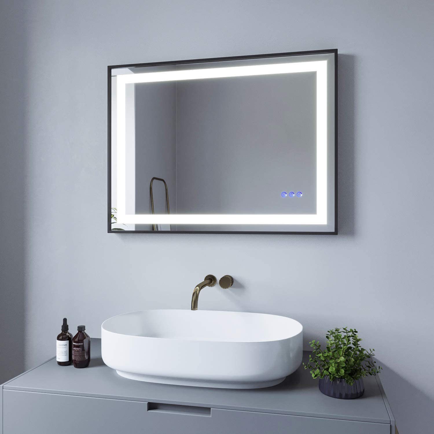 AQUABATOS LED-Lichtspiegel Spiegel mit Beleuchtung 80x60 Wandspiegel Badezimmerspiegel Schwarz, Vertikal und Horizontal möglich,Touch,Antibeschlag,3 Lichfarben