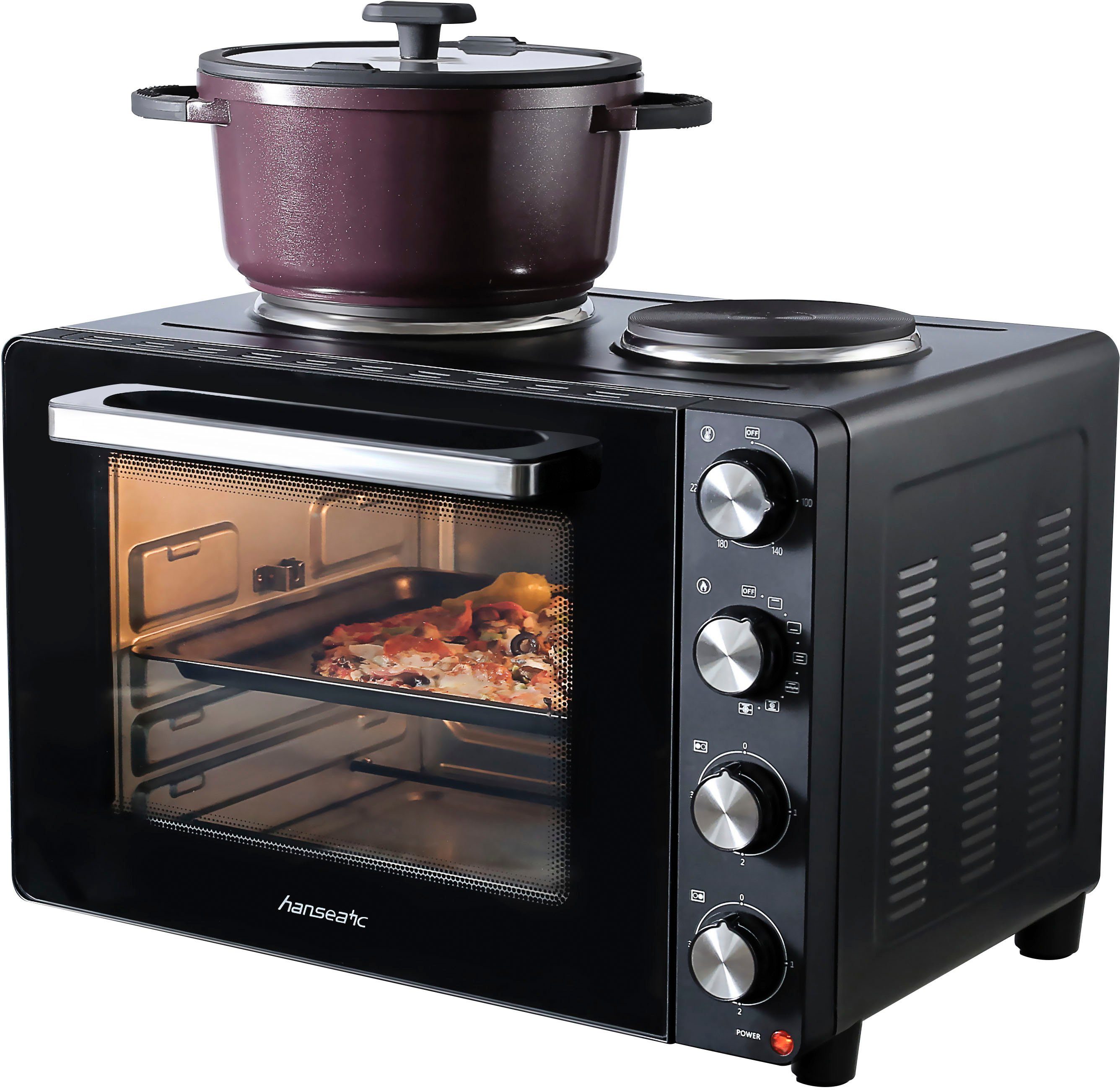 Hanseatic Kleinküche 97530243 HMO366BKB, mit Doppelkochplatte, Back- und Krümelblech, Grillrost, 36L Garraum