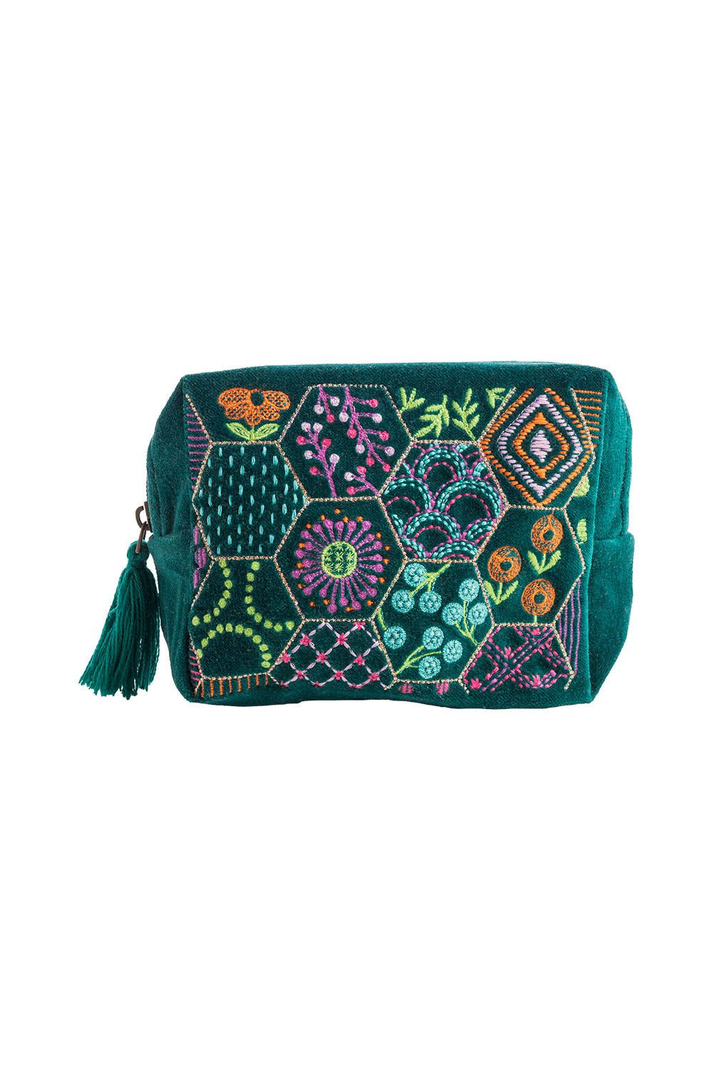 Tranquillo Kosmetiktasche Kosmetiktasche VELVET BLOOM ART - klein, Samtige Oberfläche mit aufwendiger Stickerei und Quaste