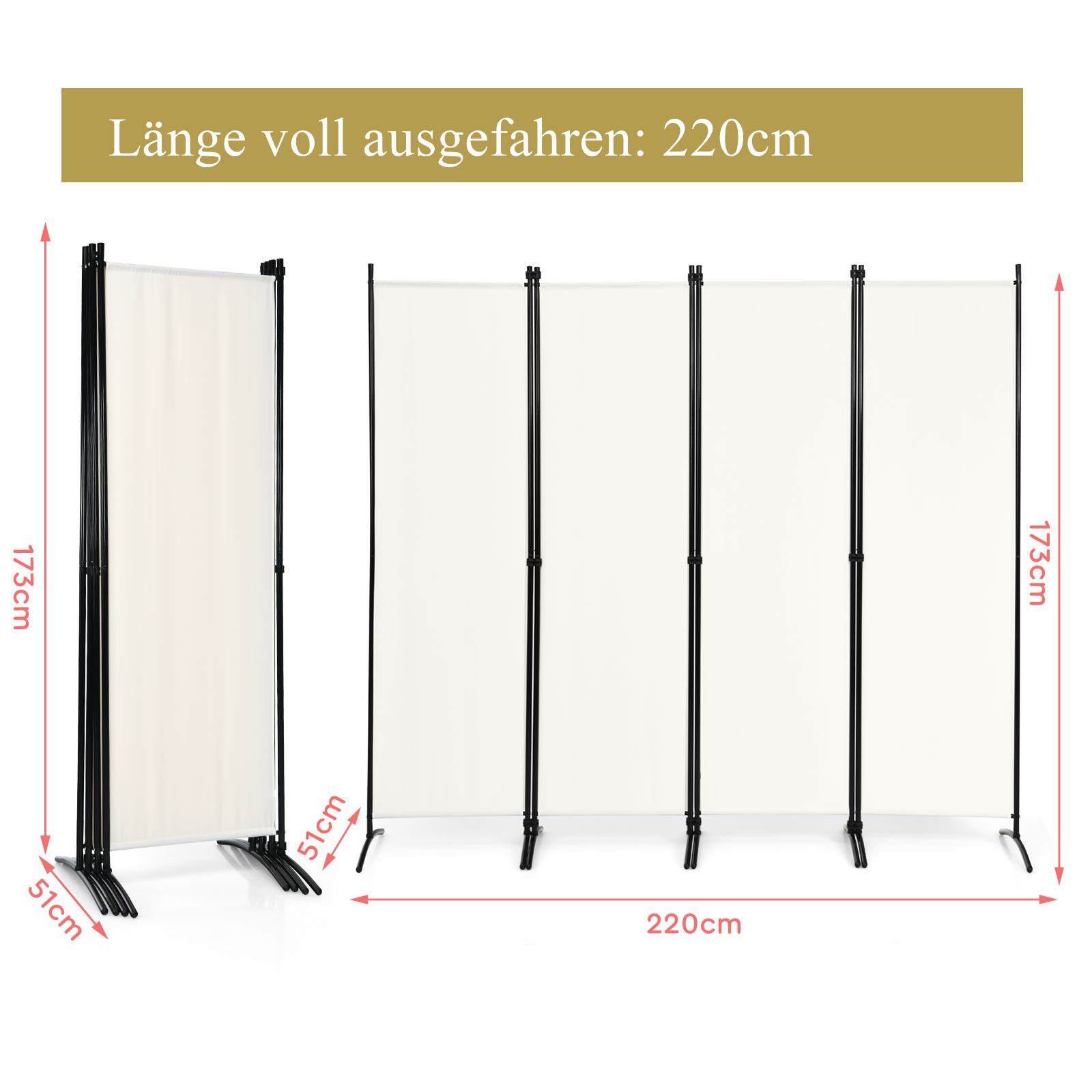 Paravent 4-teilig Raumteiler, Klappbar, COSTWAY Metallrahmen, Beige 220x173cm