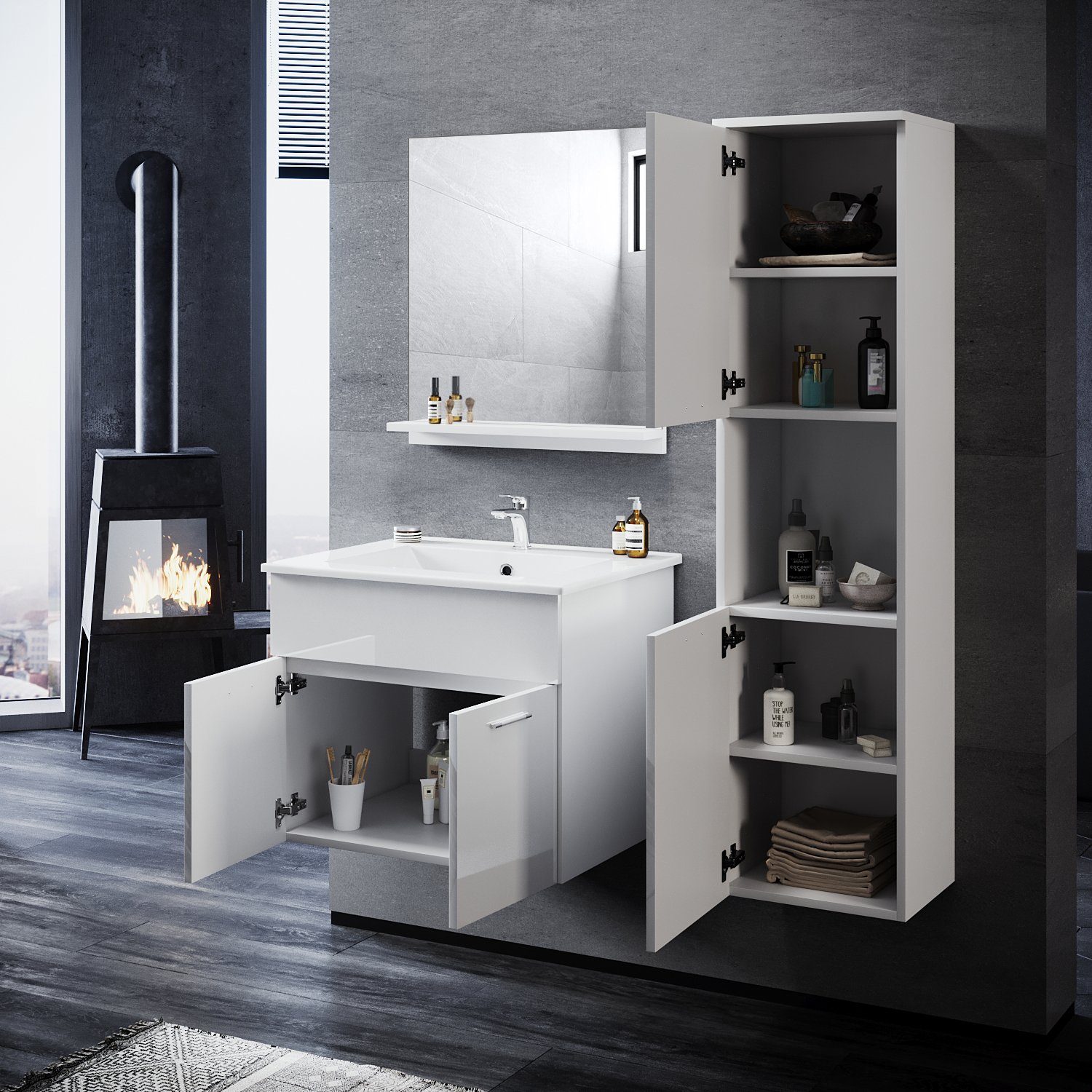 Unterschrank kleine mit Grau/Weiß mit 60cm Waschbecken mit für SONNI Hochschrank Badmöbel-Set und Badezimmermöbel, Hochglanz Bäder Spiegel 3-teilig