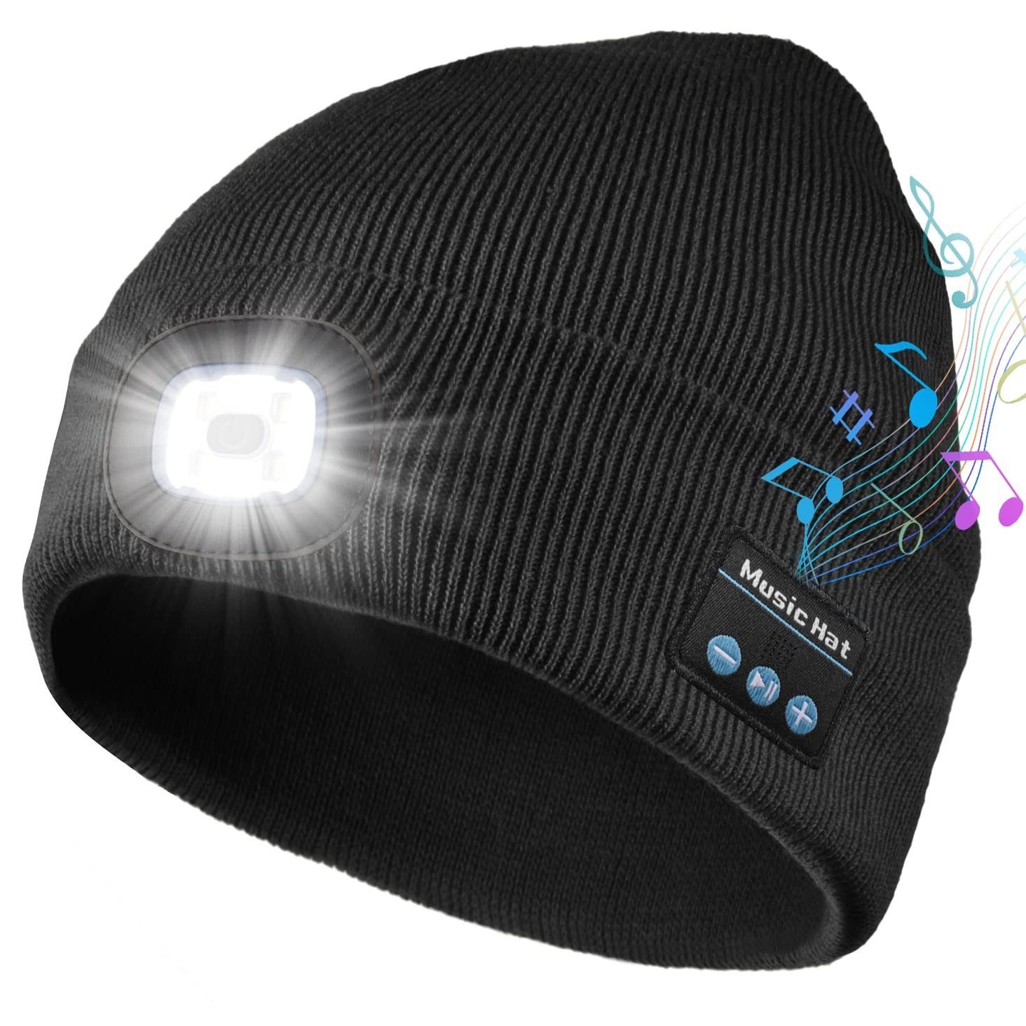 AKKEE Strickmütze Bluetooth Mütze Mit Led Licht, Geschenke (1-St., Weihnachten Gadget Geschenk für Männer Papa Frauen) Unisex-Mütze mit Musik mit Kopfhörer zum Camping Laufen Wandern