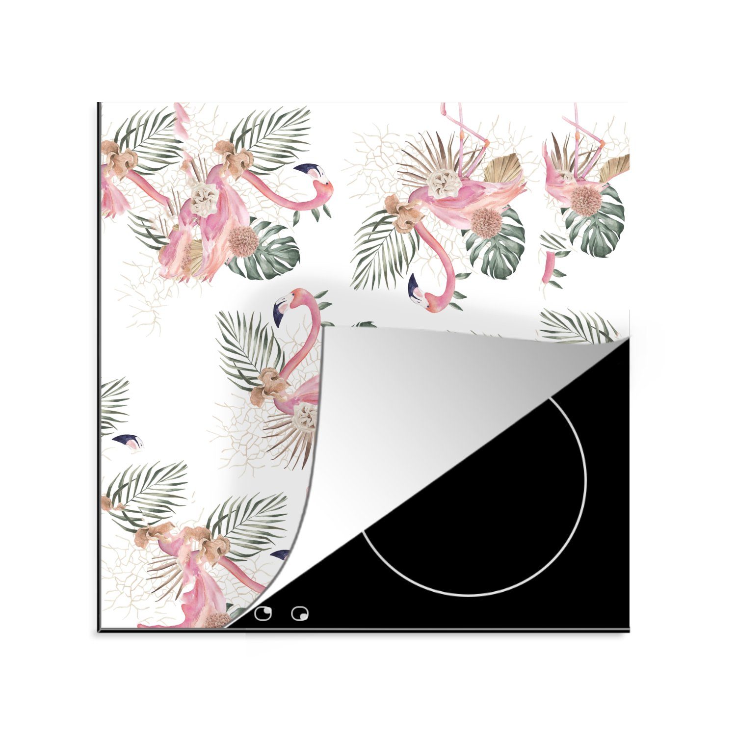 MuchoWow Herdblende-/Abdeckplatte Flamingo - 78x78 cm, - - Blätter küche Muster, Blumen Ceranfeldabdeckung, Arbeitsplatte (1 Vinyl, tlg), für