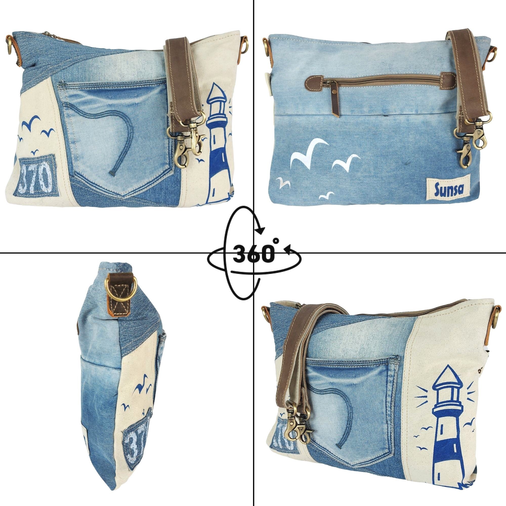 Sunsa Umhängetasche Maritim Umhängetasche Schultertasche Crossbody Tasche, echtes Leder Henkel, Maritim Druck, enthält recyceltes Material
