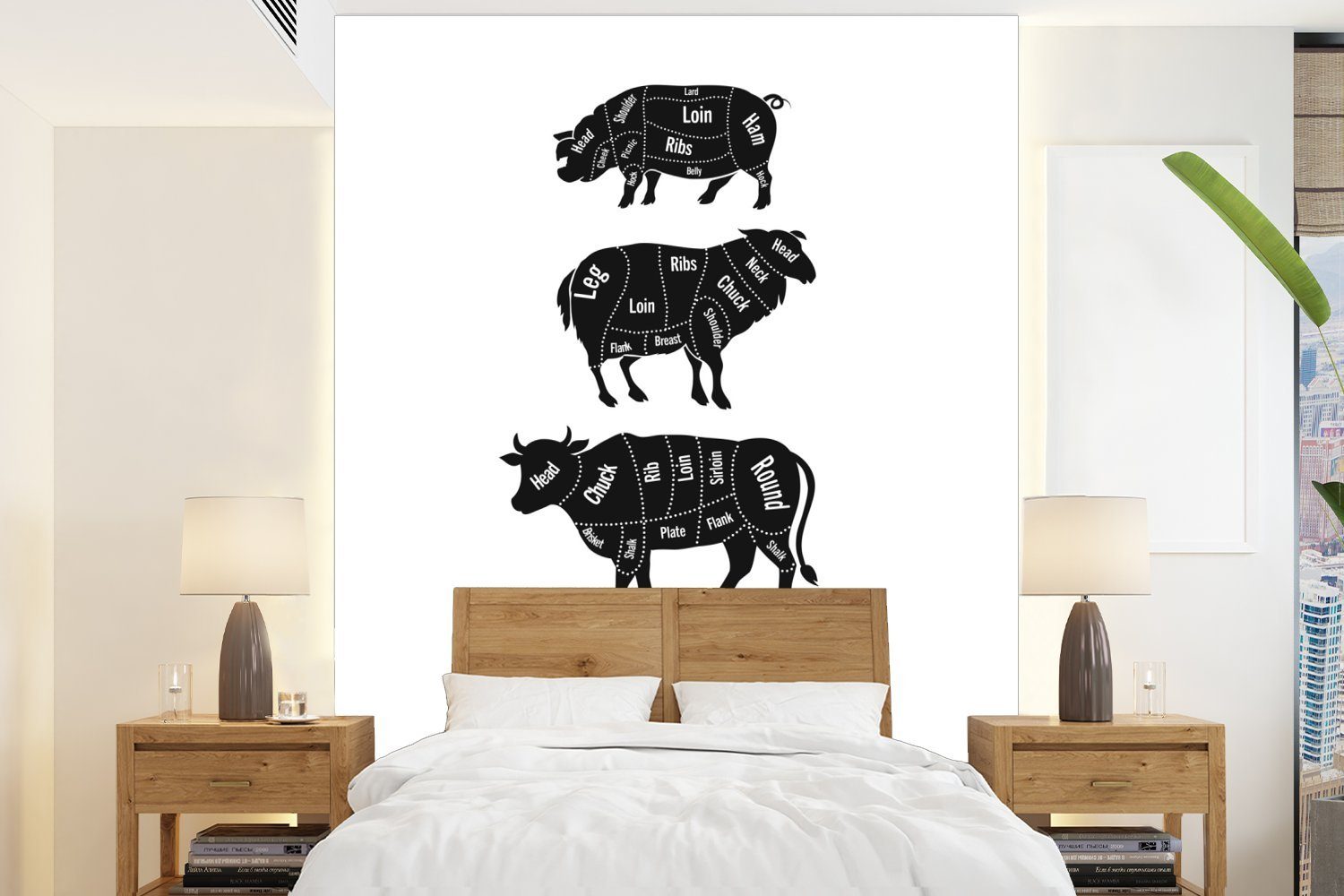 MuchoWow Fototapete Küche - Fleisch - Schwein - Lebensmittel, Matt, bedruckt, (4 St), Montagefertig Vinyl Tapete für Wohnzimmer, Wandtapete | Fototapeten