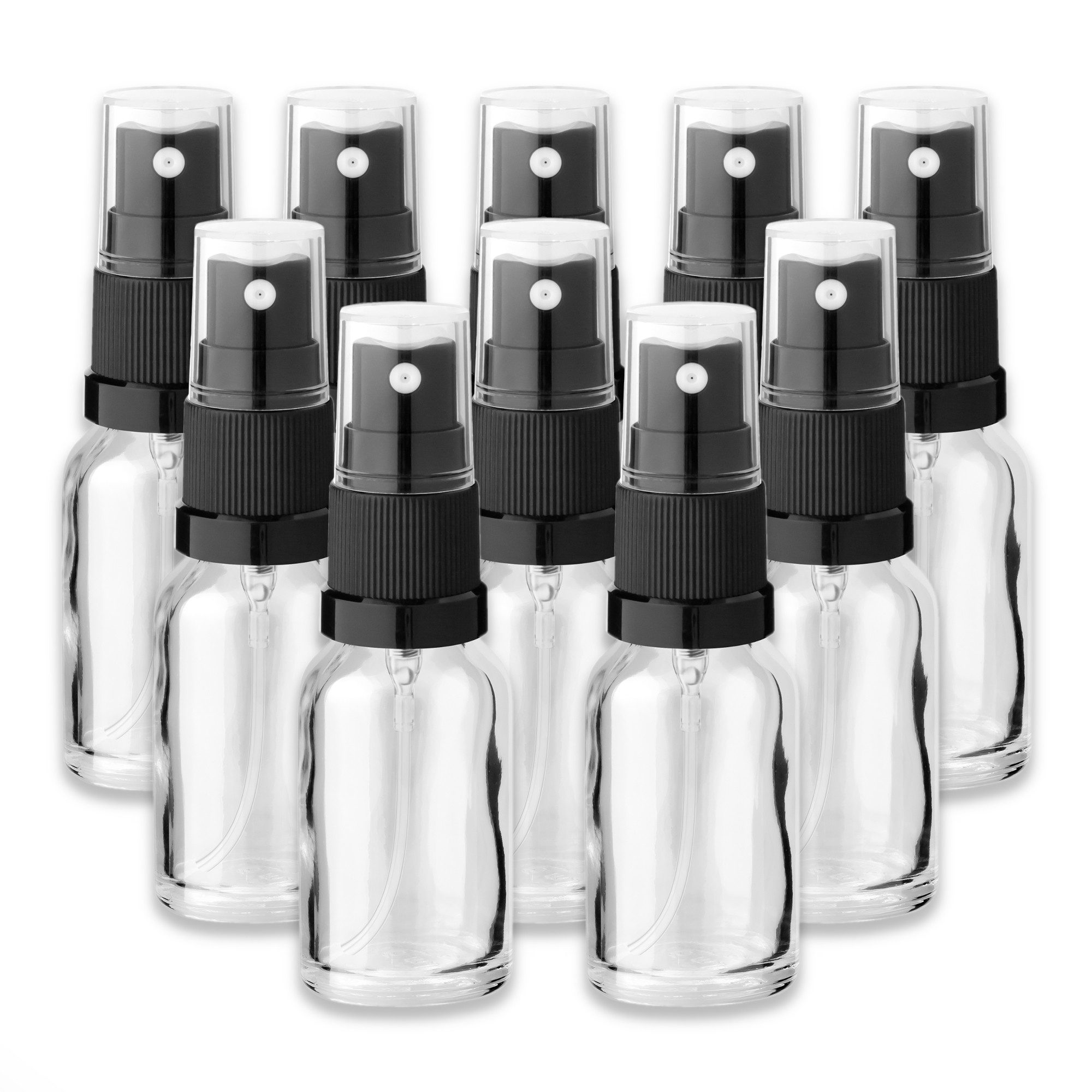 CK Verpackung GmbH Zerstäuberflasche 10x Klare Glasflasche 15 ml mit schwarzem Zerstäuber Pumpspray leer (Set x10)