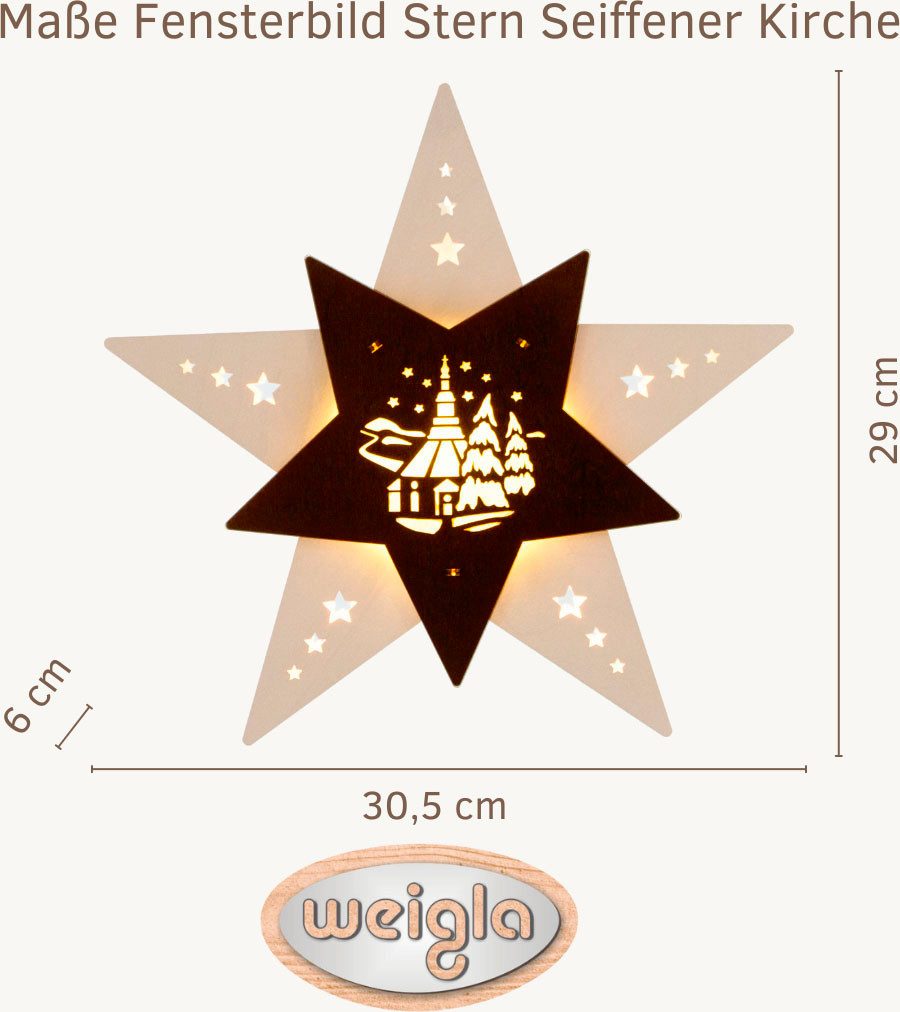 Weigla Dekostern LED Seiffener Kirche, Fensterbild, Weiẞ-BRAUN, Made in Germany, 1 St., Erzgebirge garantiert, Weihnachtsdeko Innen, Weihnachtsbeleuchtung