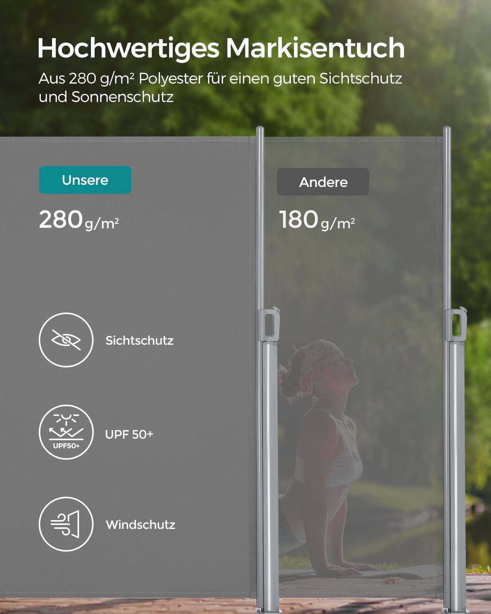 SONGMICS Seitenmarkise ausziehbar, Sichtschutz, balkon terrasse, Windschutz (Sonnenschutz, inkl. Zubehörpaket & Anleitung) Alu,mitgelieferte Bodenhalterung,180  – Bild 4 von 5