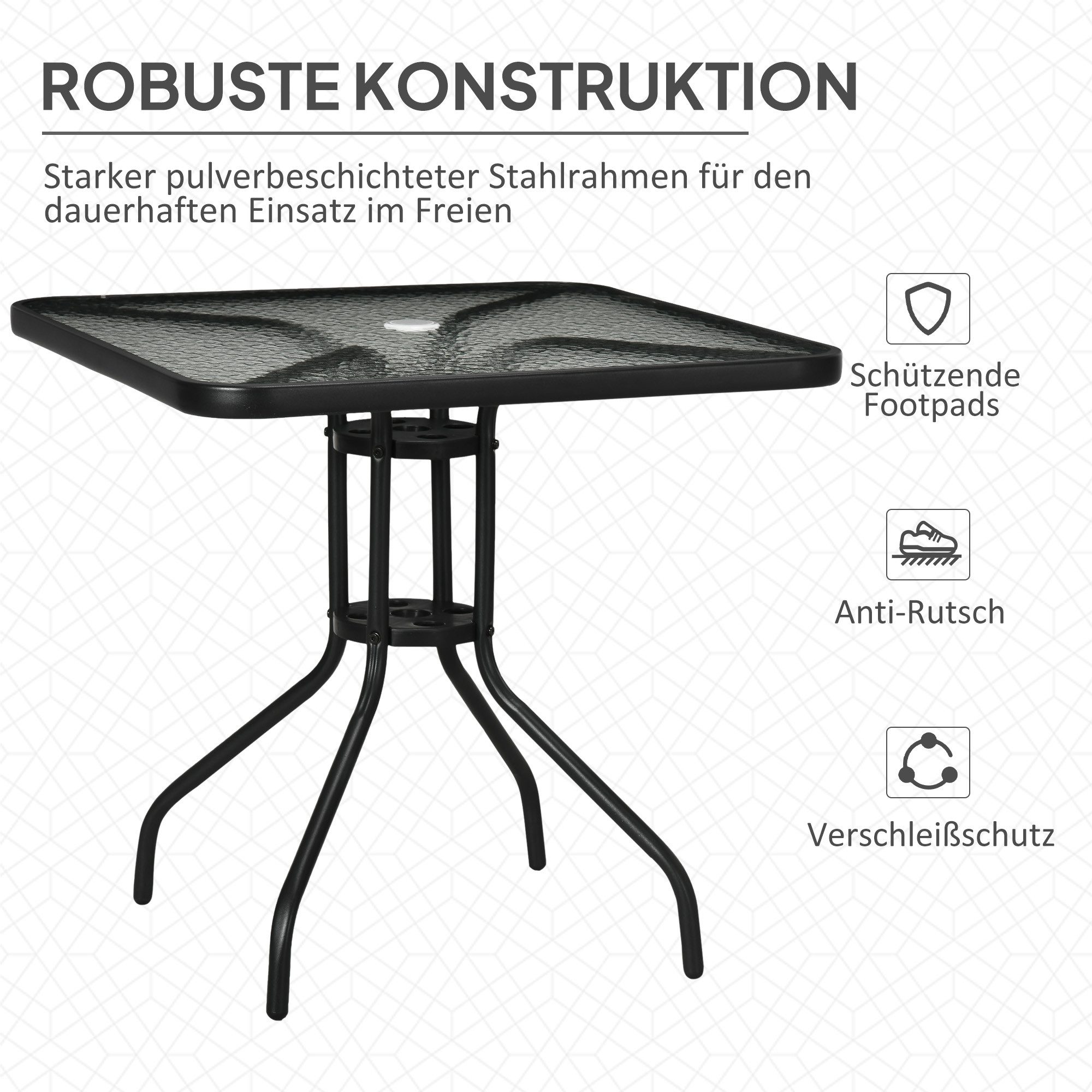 CHICFURN Gartentisch Abnehmbarer Metalltisch 76x76 cm, quadratisch, wetterfest (Packung, 1-St., Mit Schirmloch, rutschfest, für Balkon oder Terrasse), Für Outdoor, Terrasse, Balkon oder Camping, Farbe Schwarz