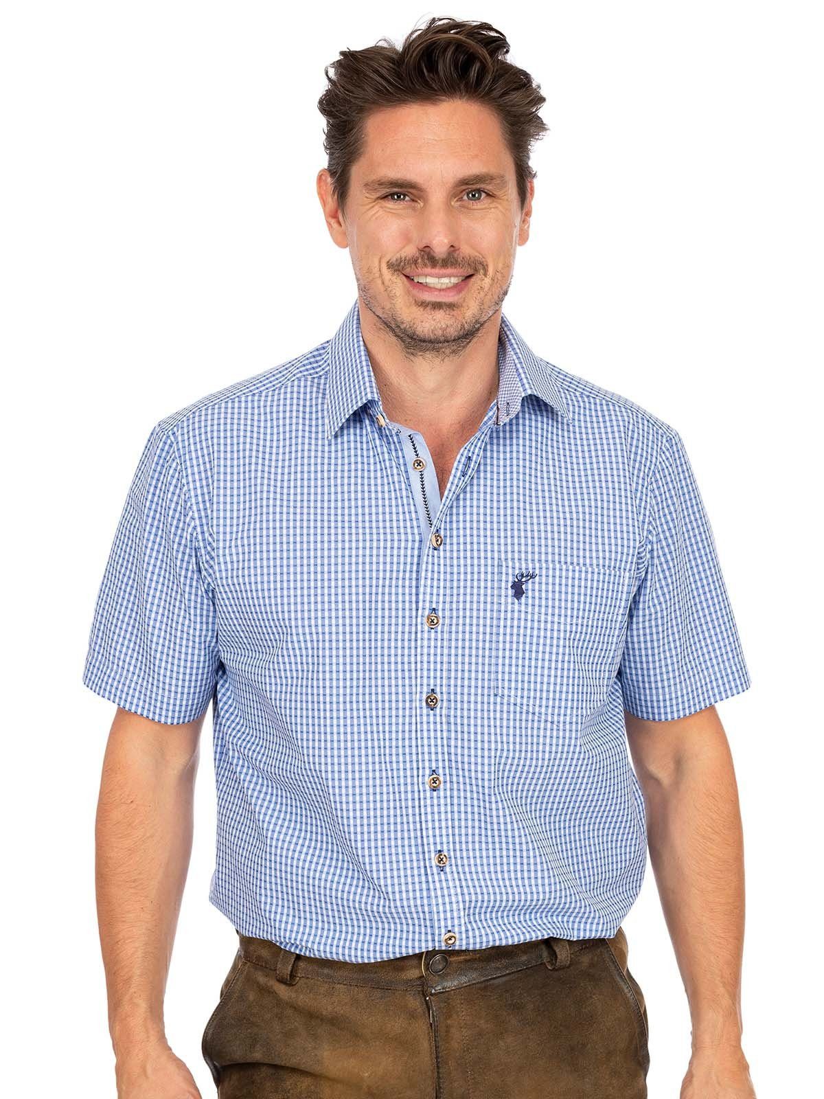 (Slim OS-Trachten Kurzarmhemd Trachtenhemd IMMENSTADT Karo Fit) blau