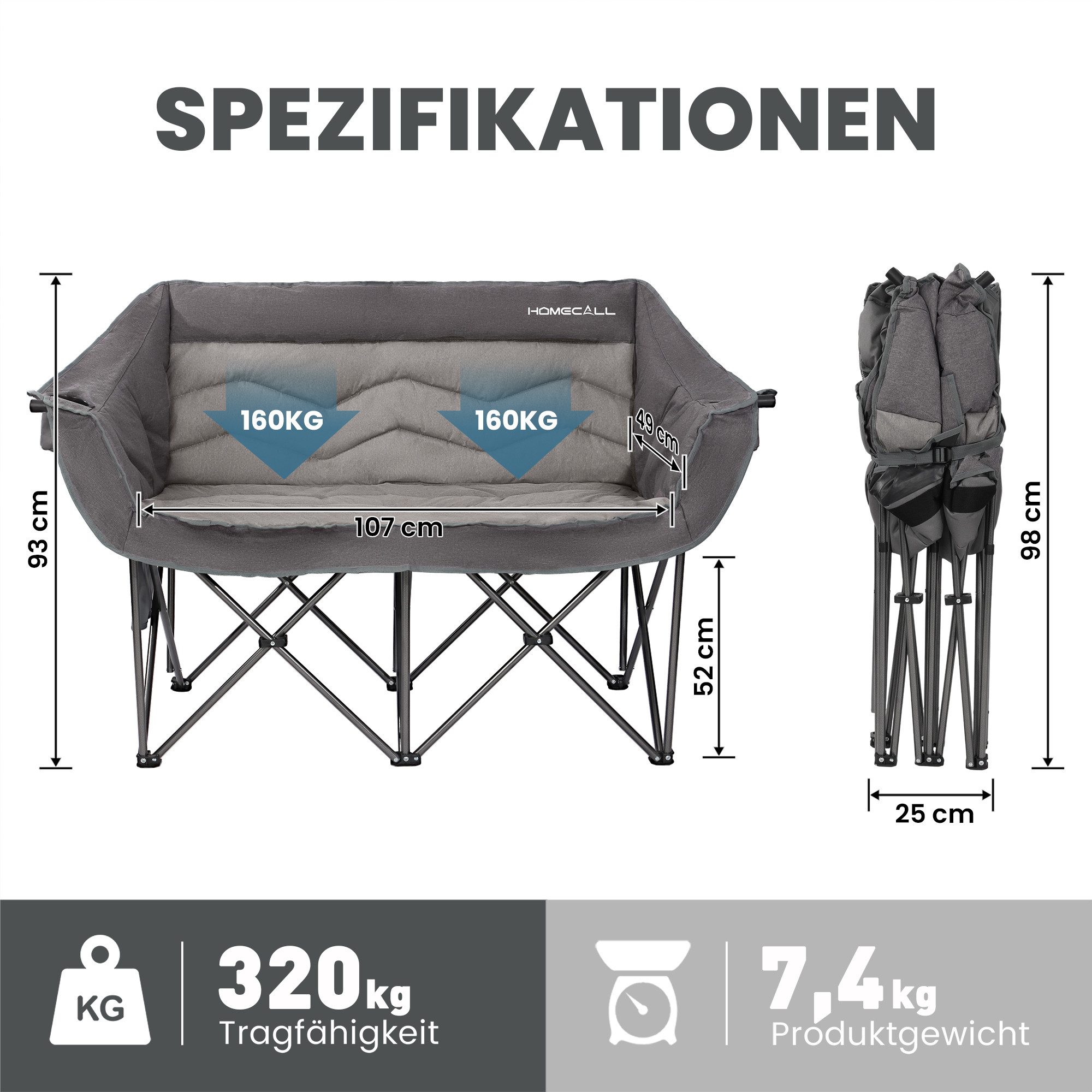 HOMECALL Campingstuhl Camping Sofa faltbar XXL für 2 Personen Luxus Camping Couch Doppelter (mit 107 cm Sitzbreite, hoher Rückenlehne und 2 Getränkehaltern), Ca – Bild 2 von 5