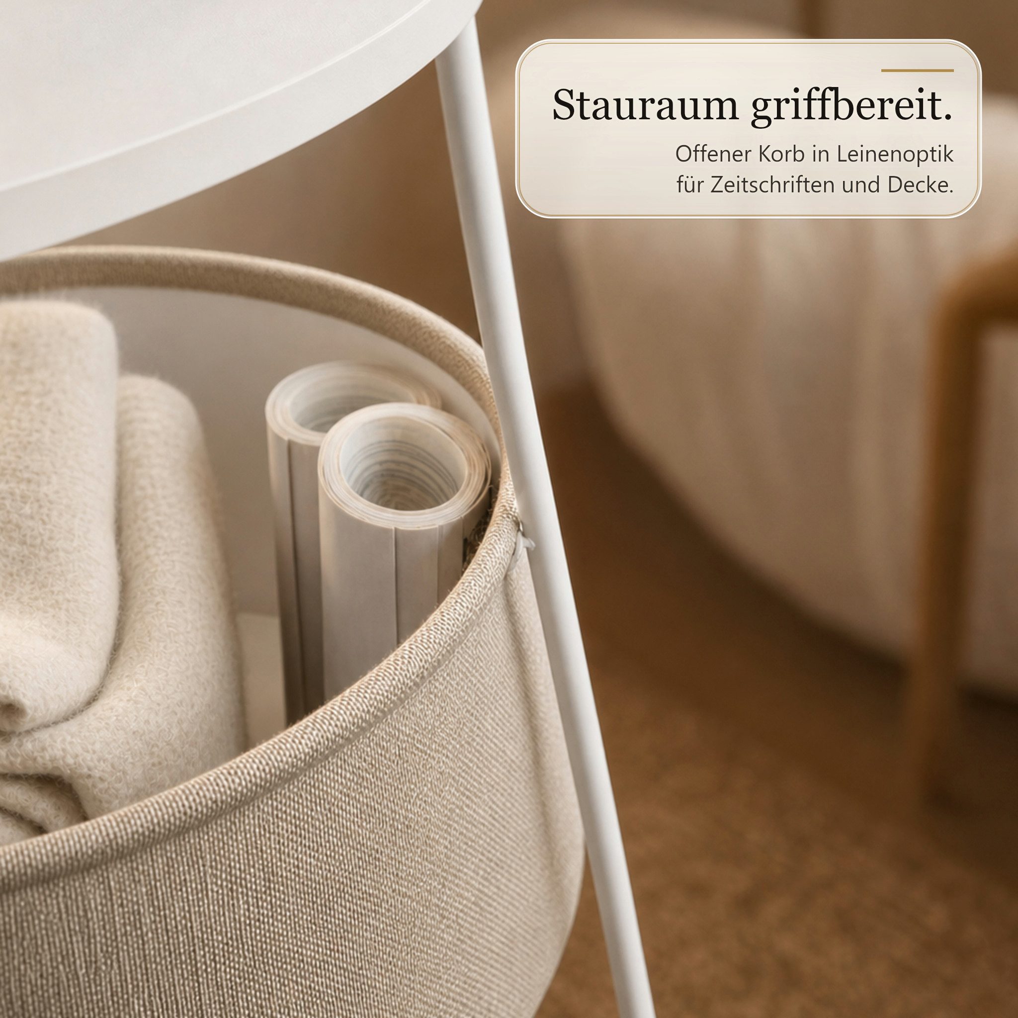 Floordirekt Couchtisch Dario Runder mit 2 Steckdosen A Stauraumkorb 2 USB 4 Farben (Einzelartikel), Integrierte Stromanschlüsse und USB-Ports – Bild 5 von 5