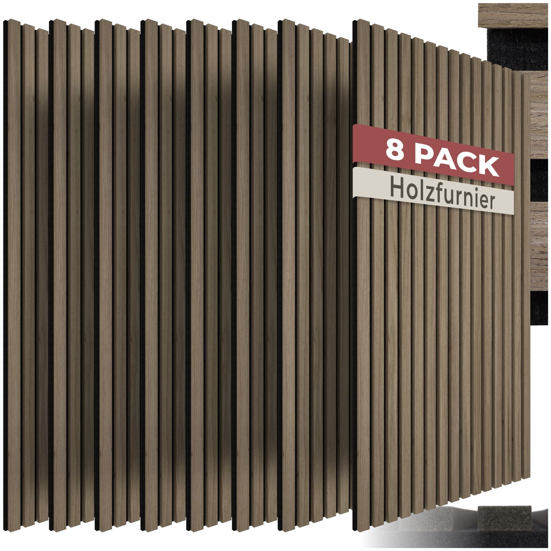 tectake Wandpaneel Akustikpaneele aus MDF und Echtholzfurnier, je 110 x 50 x 1,1 cm, BxL: 50x110 cm, (Holzpaneele Sonic Wall IV, 8-tlg., Holzoptik in Eiche dunkel) schallabsorbierender Filz, einfache Montage mit Kleber und Schrauben