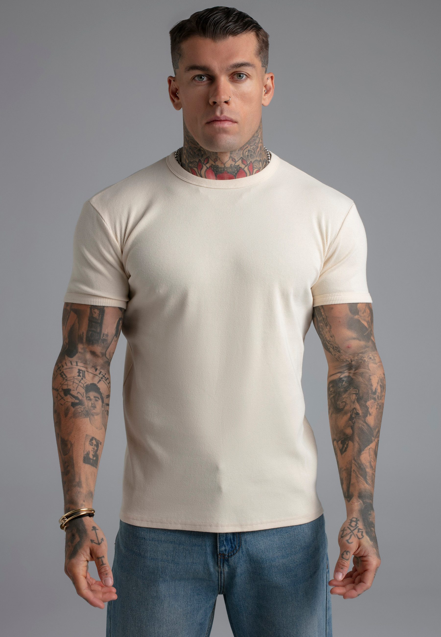 T-Shirt SikSilk Herren Ecru Muscle Fit T-Shirt