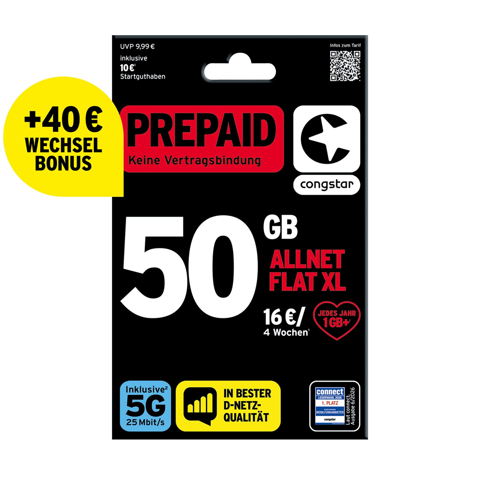 Congstar Prepaid ALLNET XL SIM-Karte ohne Vertrag 5G mit 25 Mbit/s Prepaidkarte, (Telefonie & SMS Flat, EU-Roaming inkl)