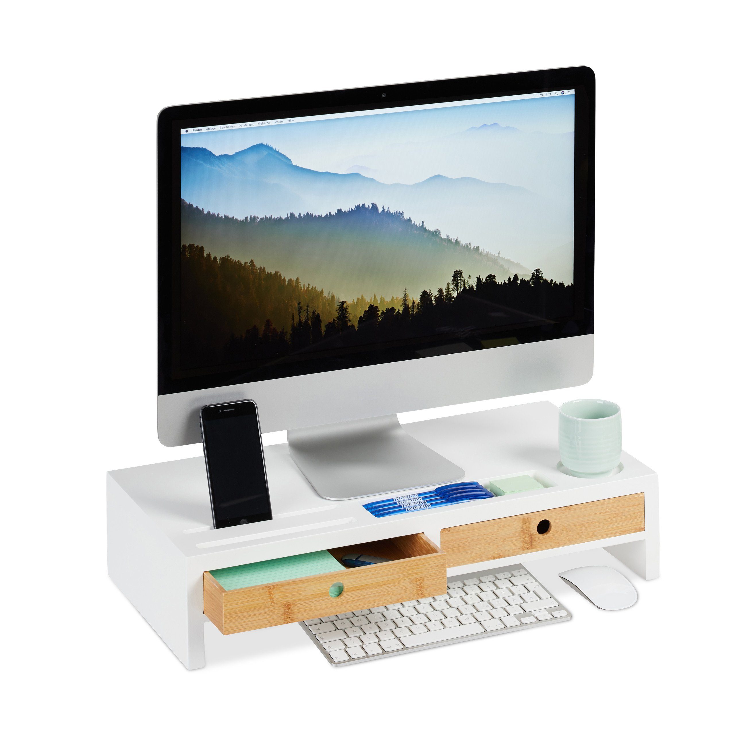 relaxdays Monitor-Halterung Monitorständer Weiß mit Schubladen, (1-tlg)