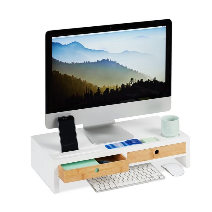 relaxdays Monitorständer Weiß mit Schubladen Monitor-Halterung