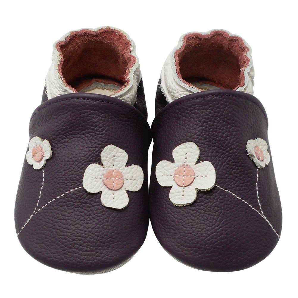 Yalion Weiche Leder Lauflernschuhe Hausschuhe Lederpuschen 2-Blumen Lila Krabbelschuh