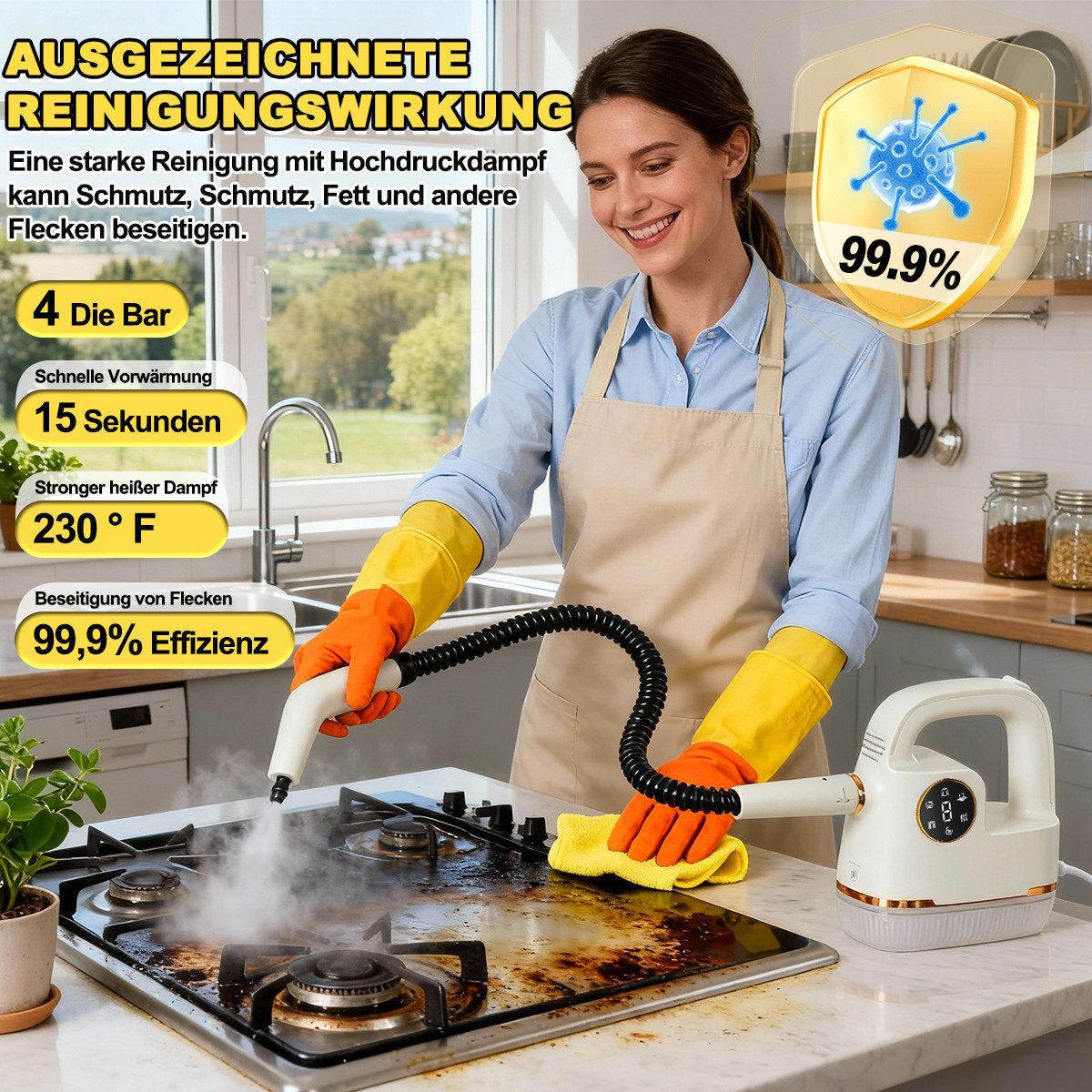 Welikera Handdampfreiniger Dampfreiniger 1800W,dampfreiniger handgerät mit 7 Sprühdüsen, 1800 W, 350 ml Wassertank,Digitalanzeige,6 Einstellungen,4 bar Dampfdruck