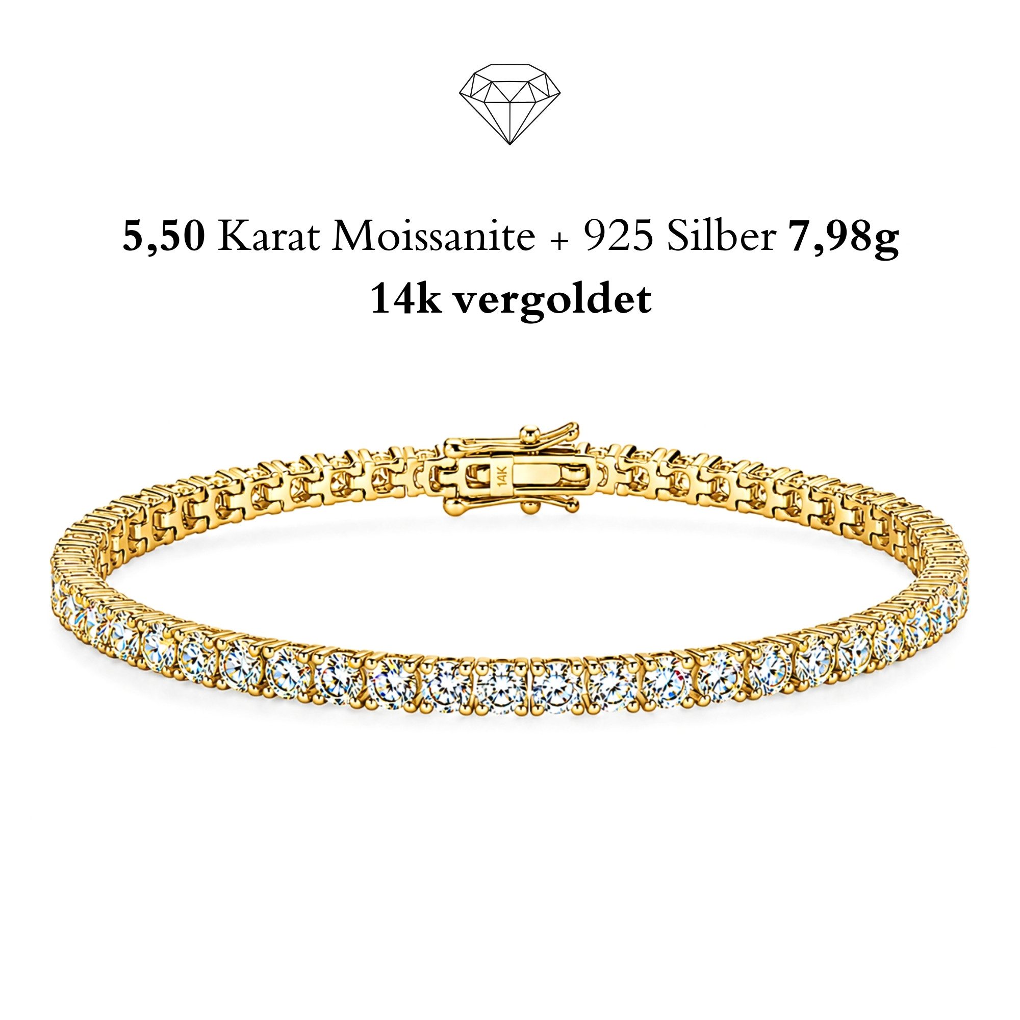 UNIQAL.de Tennisarmband Damen 925 Sterling Silber mit Moissanit im Diamant-Look 5,5 Karat (VVS1 · Weißgold plattiert · 55 Rund-Brillant Steine 3mm, hypoallergen · Luxus Schmuck Geschenkbox), GRA-Zertifikat, Armkette Geschenk für Damen