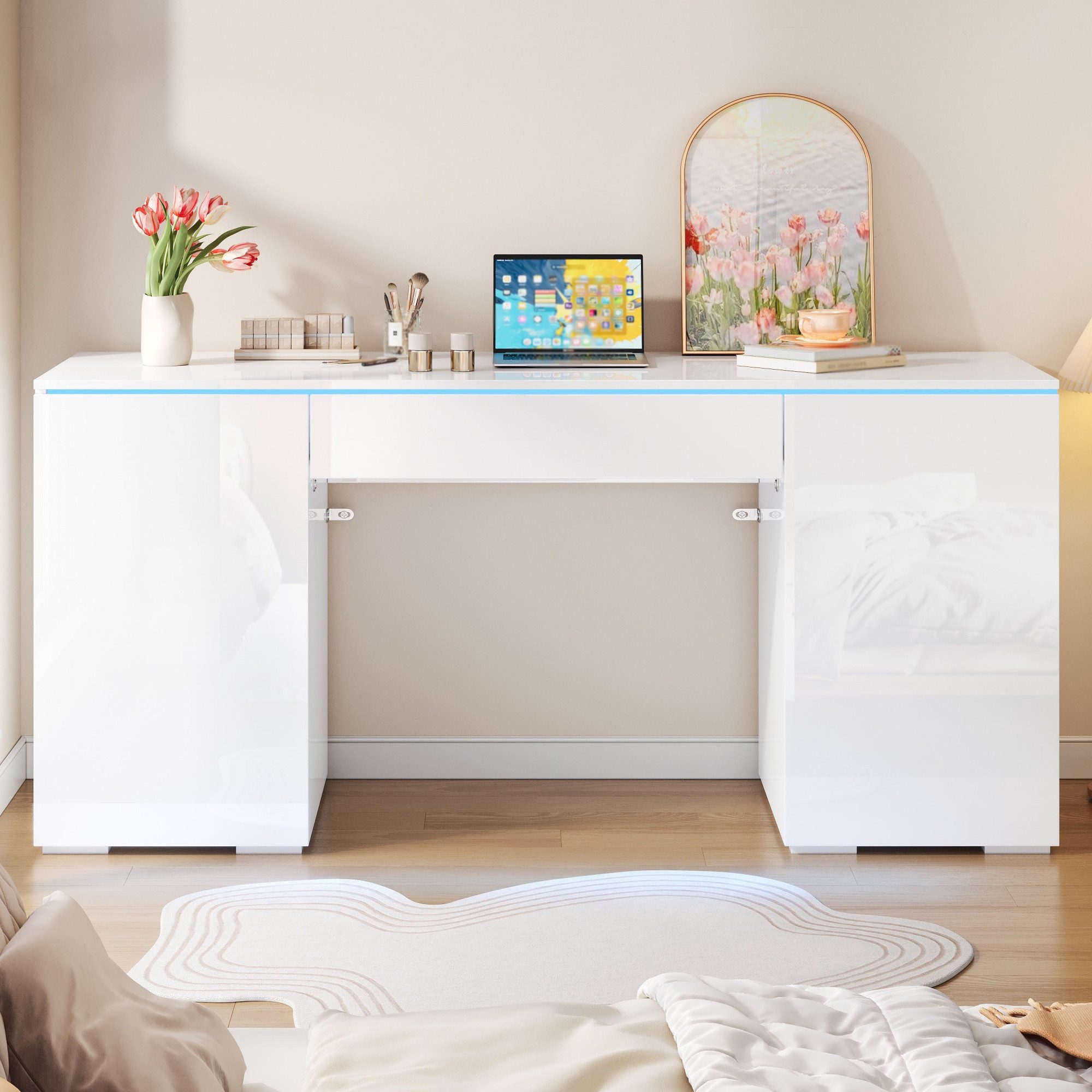 BlingBin Schreibtisch Computertisch mit Hochglanz-Arbeitsfläche,integrierter LED-Beleuchtung (1er Set, 1-St., 140×50×78 cm), Stauraum mit 1 Schublade und 2 Türen für Homeoffice & Schlafzimmer