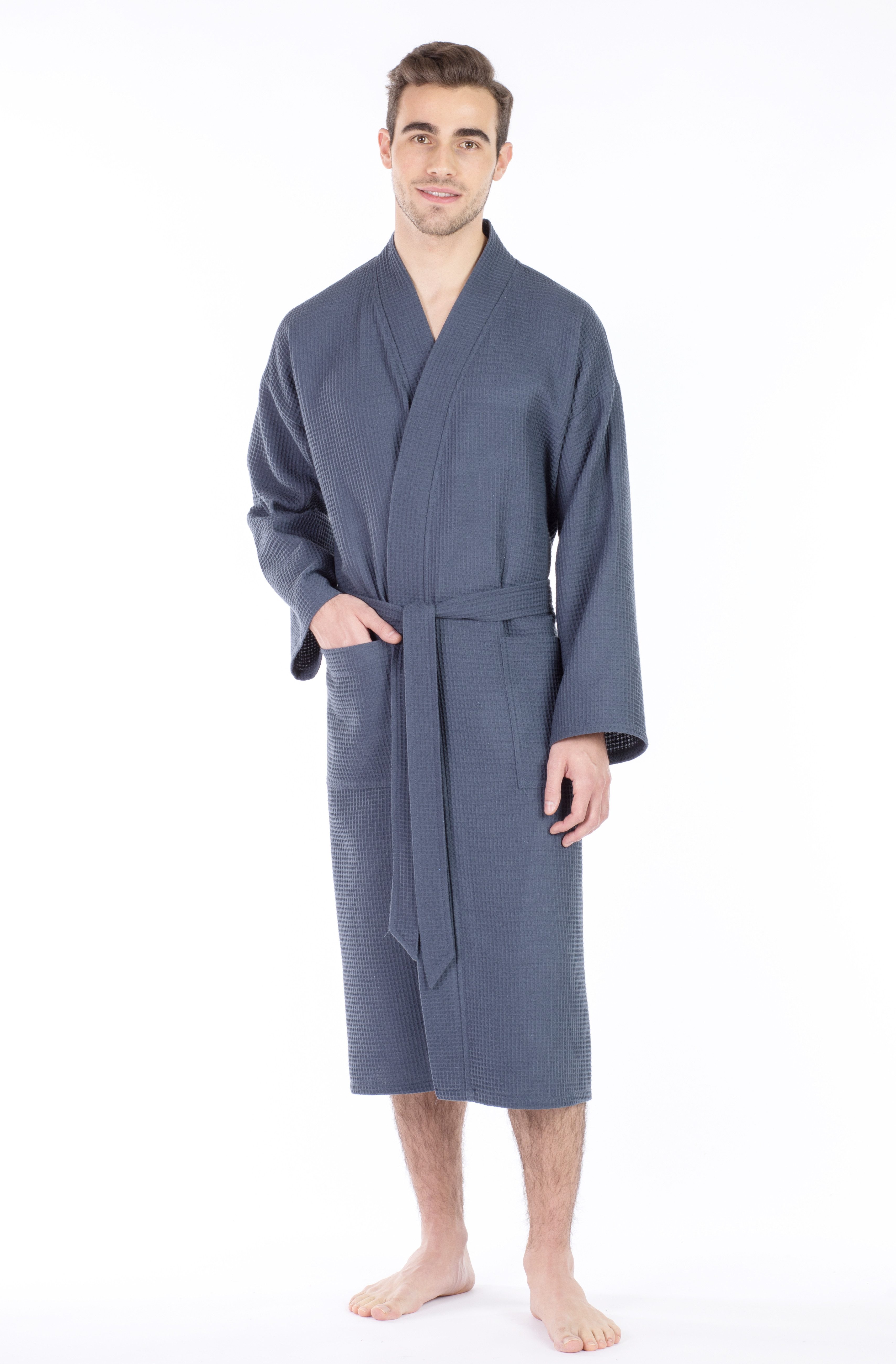 framsohn frottier Unisex-Bademantel leger geschnitten, hergestellt in Österreich, Langform, Waffelpiqué, Kimono-Kragen, Gürtel, Unisex Waffelpiqué
