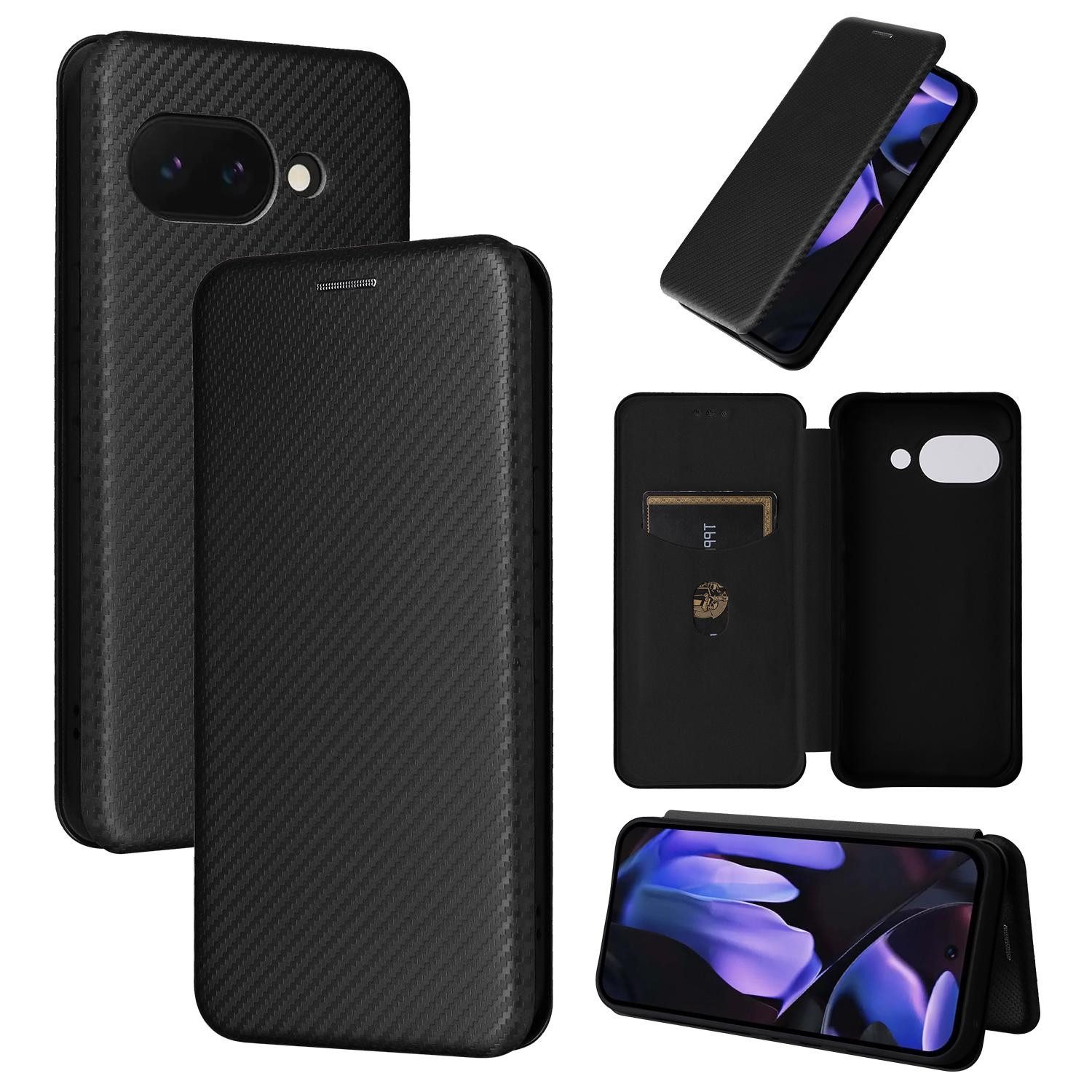 Wigento Smartphone-Hülle Für Google Pixel 9a Carbon Faser Flip Textur Schutz Hülle Schwarz, Carbon Faser Flip Schutzhülle mit Kartenfach und Ständer