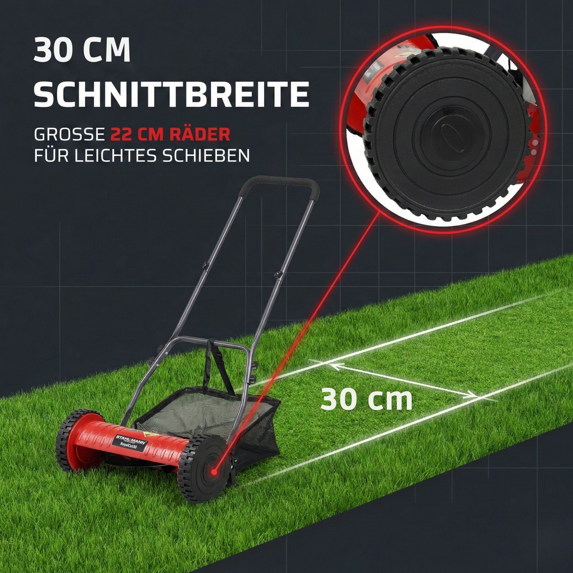 Stahlmann Benzinrasenmäher Spindelmäher RoyalCut – Rasenmäher mit 30 cm Schnittbreite, 30 cm Schnittbreite, (Handrasenmäher manuell), 27 Liter Fangkorb, 4-stufige Schnitthöheneinstellung